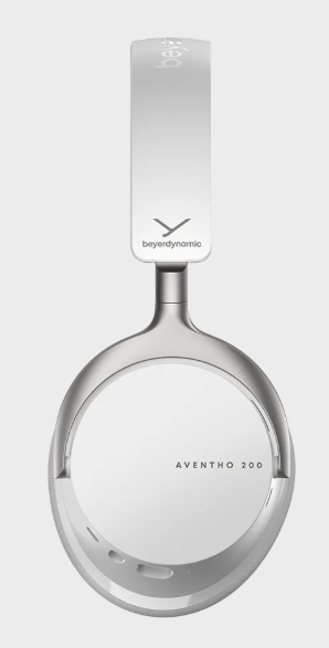 Białe słuchawki Beyerdynamic AVENTHO 200. Srebrne akcenty i opaska z logo marki. Czysty, minimalistyczny design.