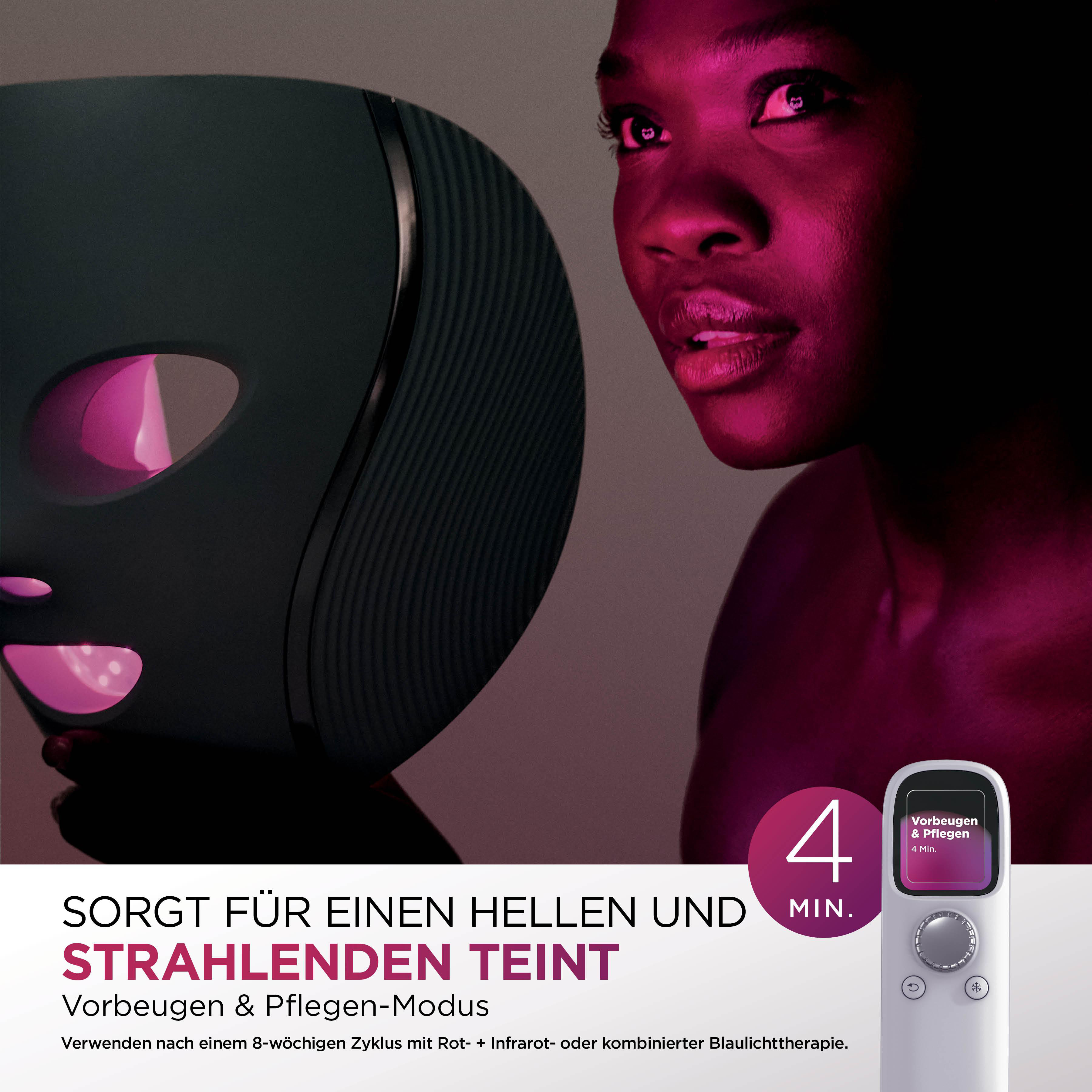 Eine Frau trägt eine Gesichtsmaske. Die Maske hat rosa Lichter. Text: 'Für einen hellen und strahlenden Teint'.