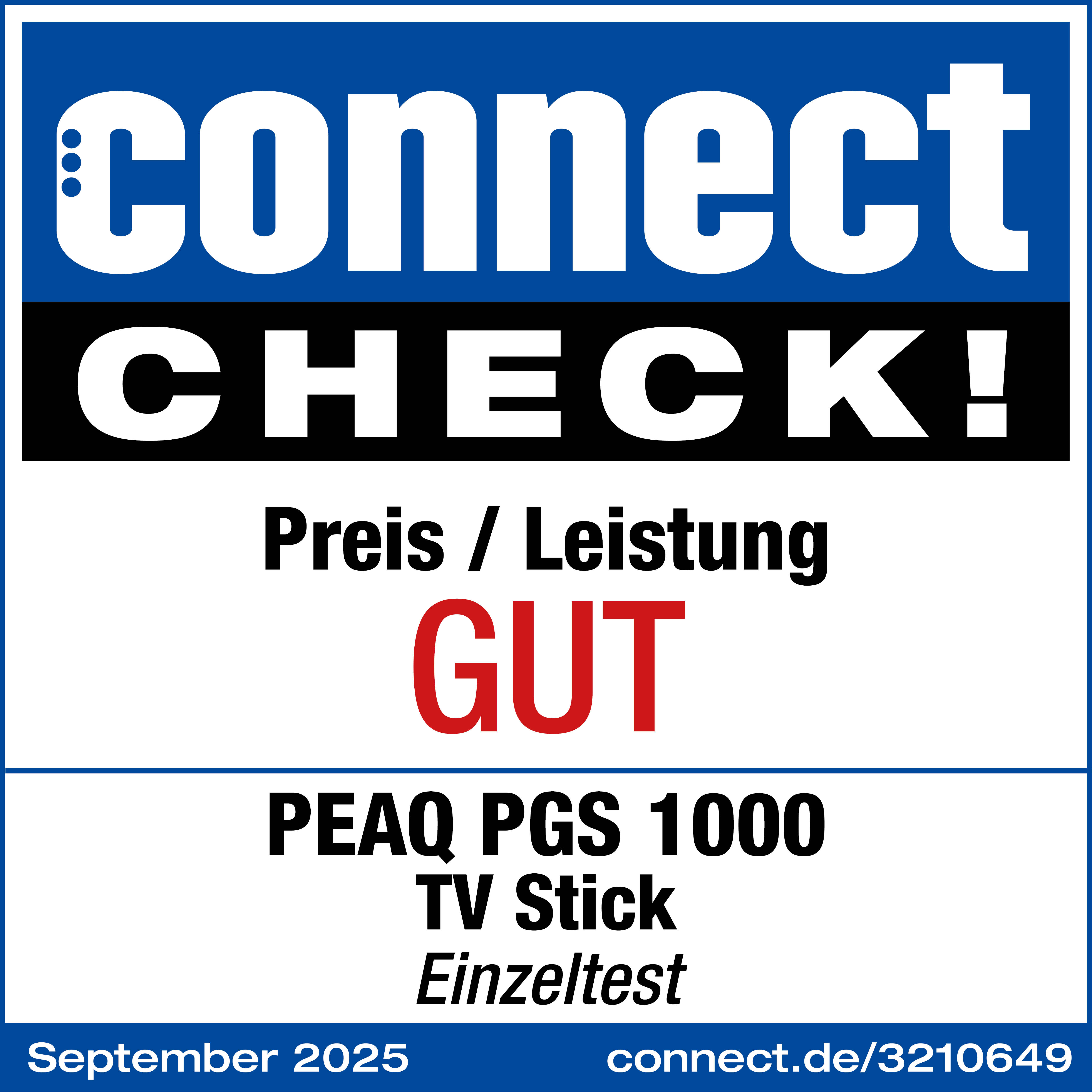 Bild mit Text 'connect CHECK!', 'GUT' in Rot und 'PEAQ PGS 1000' Details. Erwähnt auch 'September 2025'.