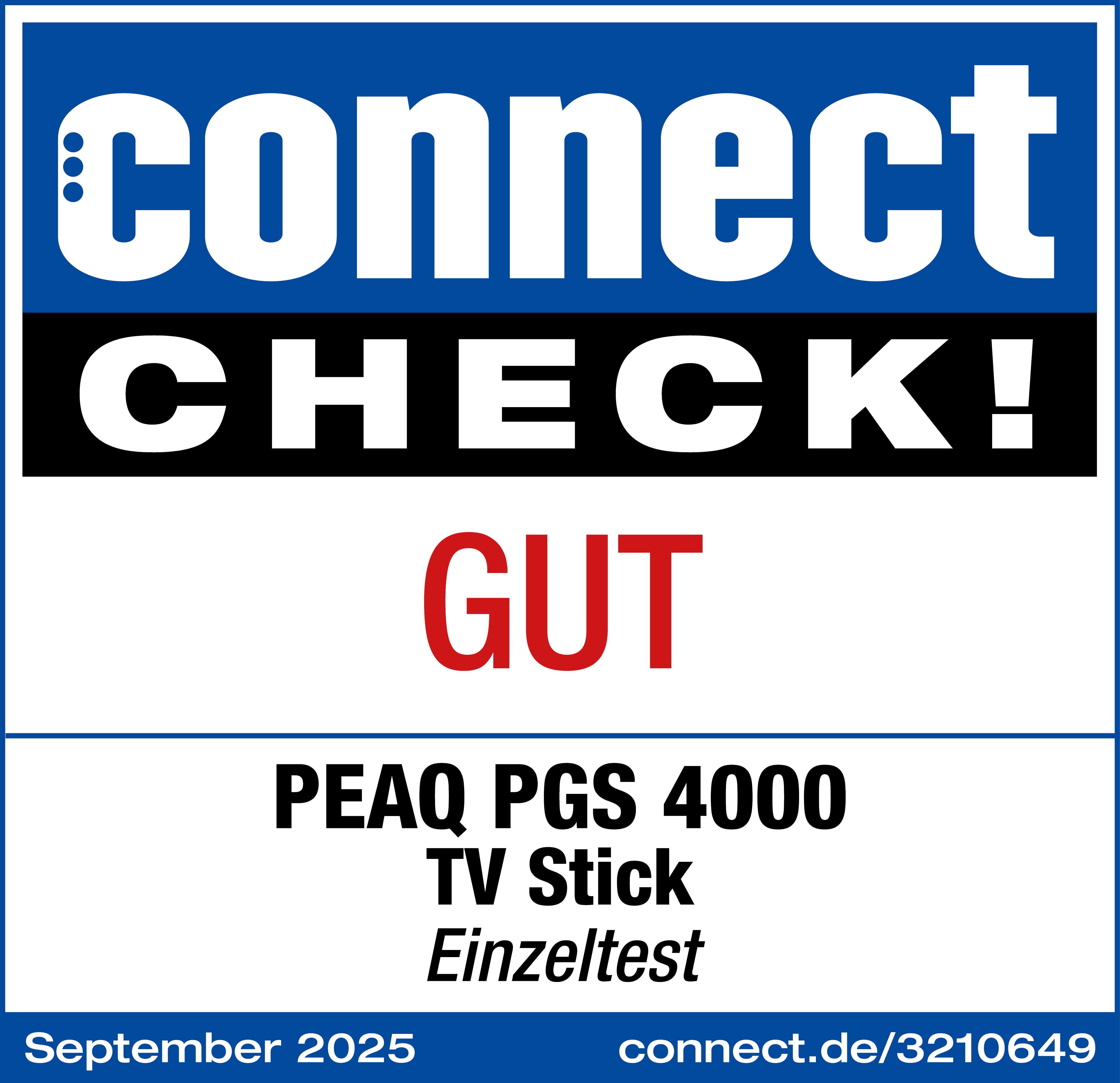 Das Bild ist eine Bewertung eines PEAQ PGS 4000 TV-Sticks mit 'connect CHECK! GUT' und weiteren Details.