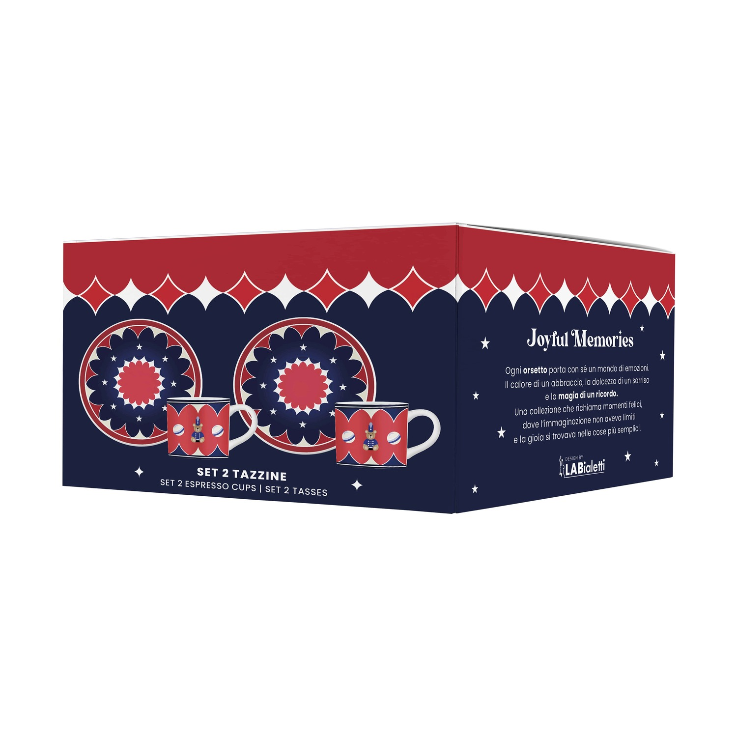 Set di scatola di due tazzine da caffè espresso con un design blu navy e rosso. La scatola è blu navy con la parte superiore rossa e il testo dice 'Joyful Memories'.
