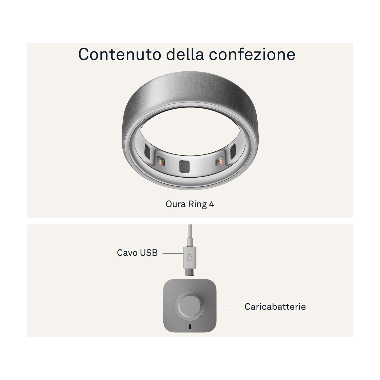 L'immagine mostra Oura Ring 4, cavo USB e caricatore. L'anello è argento con sensori. Il caricatore è grigio e rotondo.