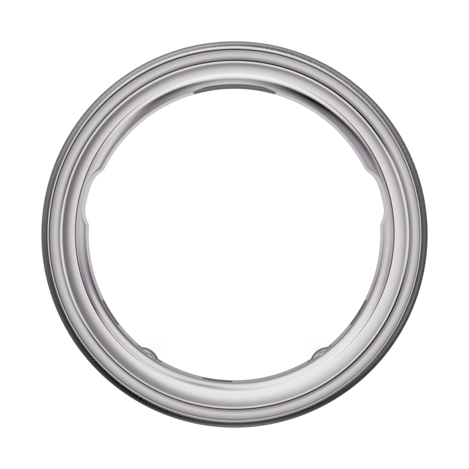 Un oggetto argentato a forma di anello, forse parte di un dispositivo, su sfondo bianco. Ha una lucentezza metallica e un centro vuoto.