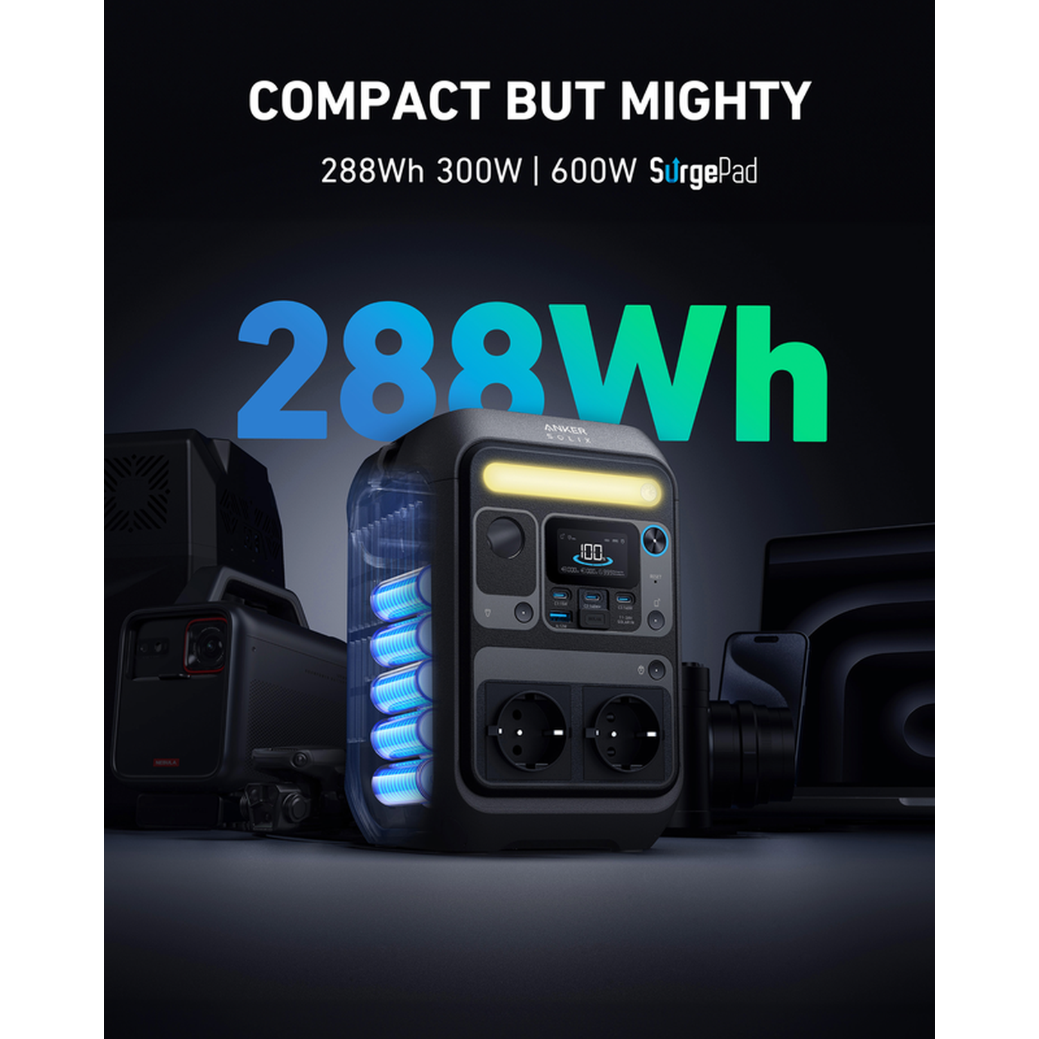 Anker Solix power station with visible batteries. Text reads: Compact but Mighty. 288Wh 300W | 600W SurgePad.