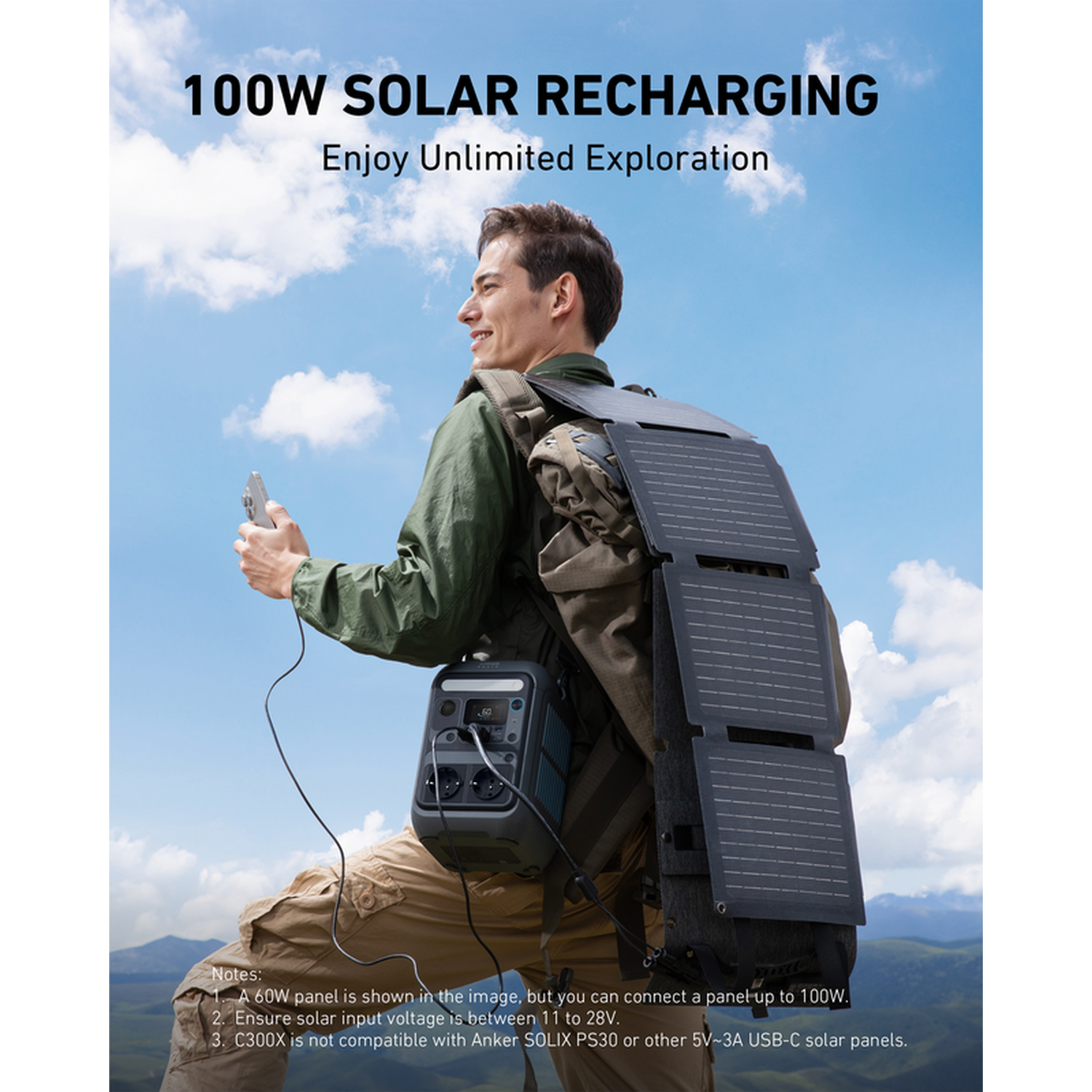Man with solar panel backpack and power station. Text reads "100W Solar Recharging". Enjoy Unlimited Exploration.