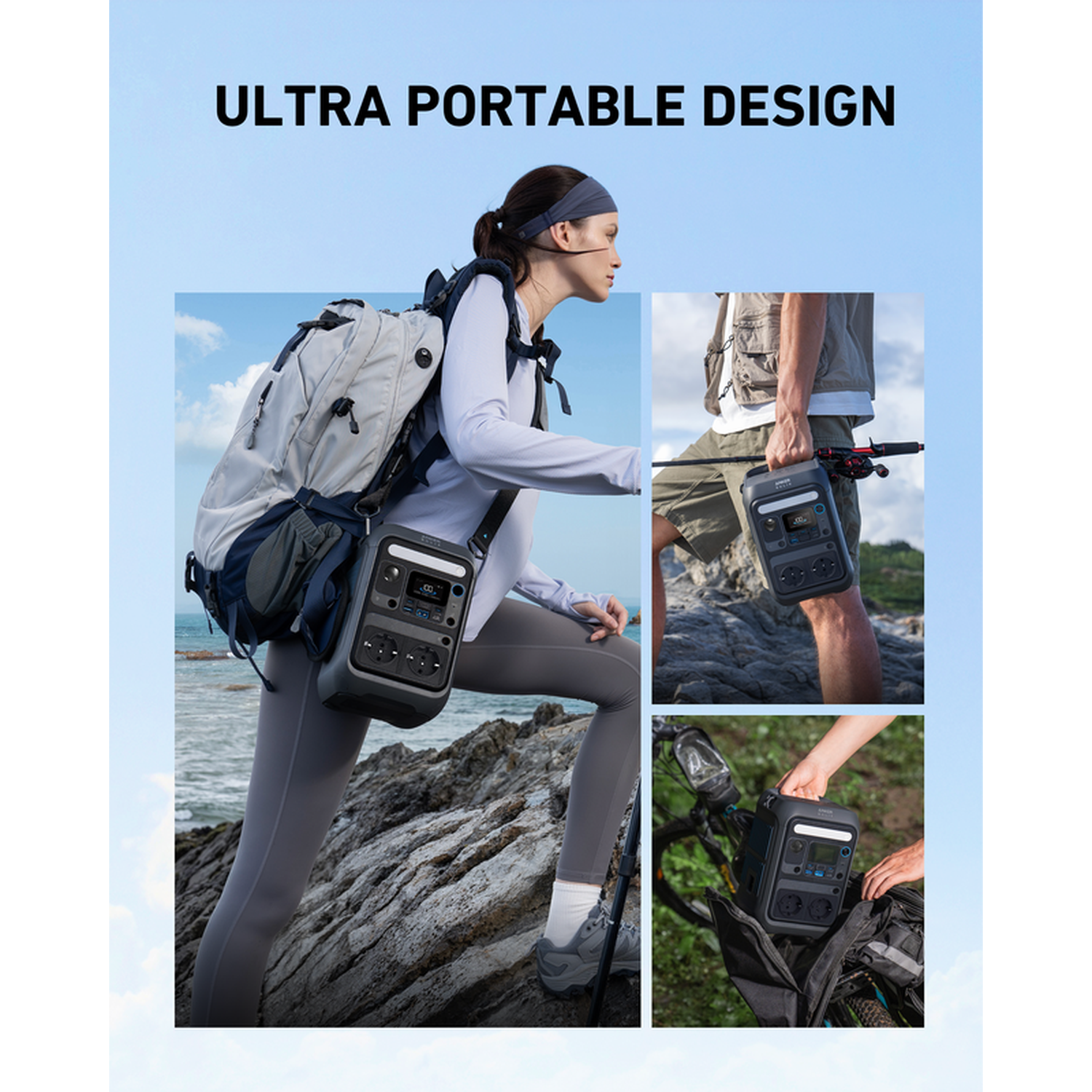 Image shows a portable power station in different settings: hiking, fishing, and biking. People carry it, highlighting its portability.