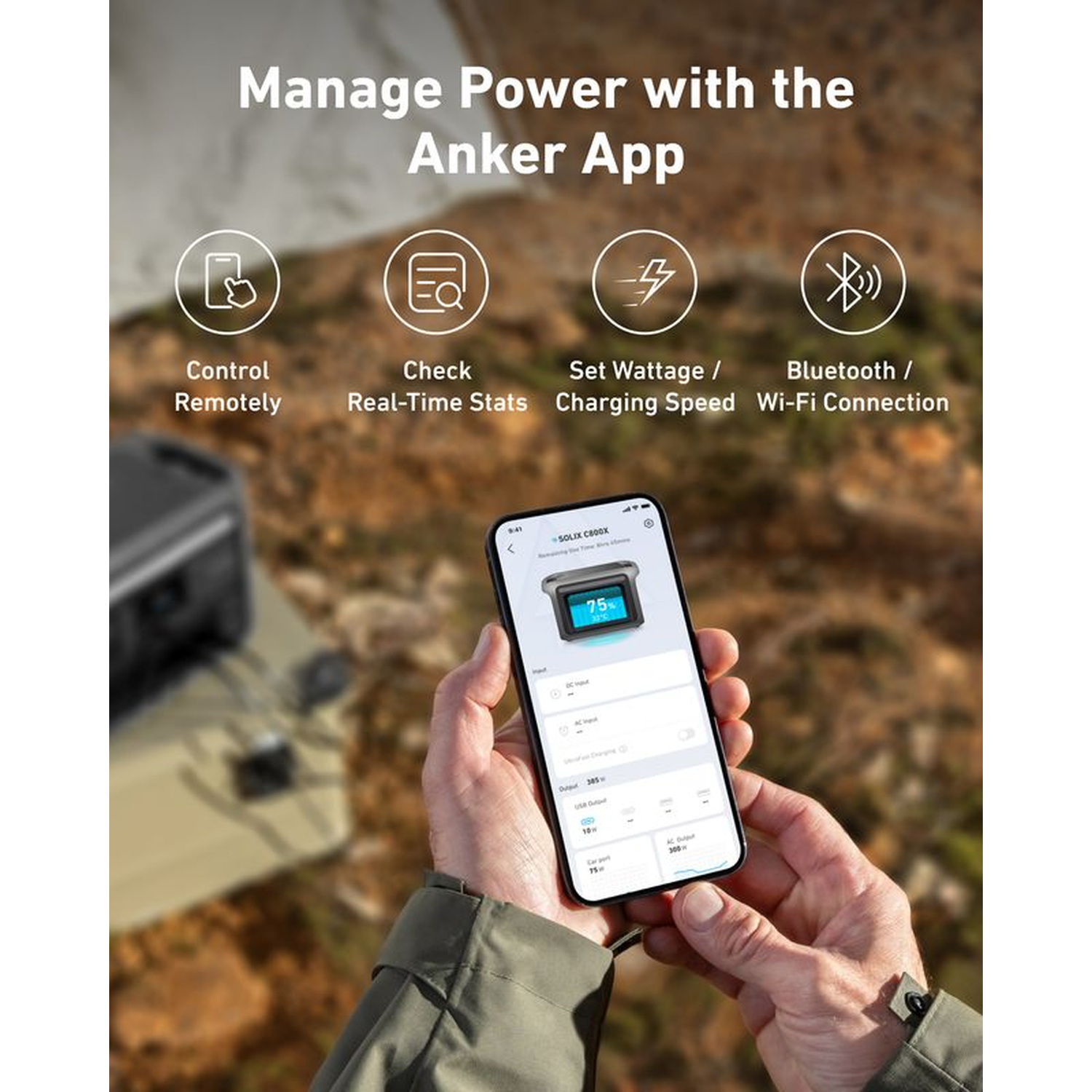 Een persoon houdt een telefoon vast met de Anker-app. De app toont energiedetails. Pictogrammen voor bediening, statistieken, wattage en Bluetooth worden weergegeven.