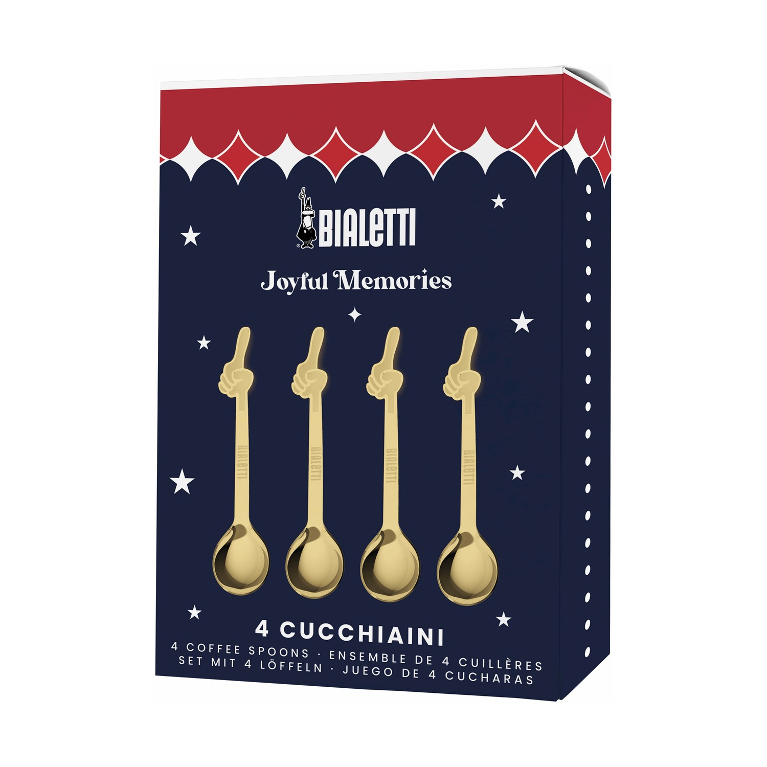 Scatola di cucchiaini da caffè Bialetti. Quattro cucchiaini dorati con manici a forma di dito su sfondo blu scuro con stelle.