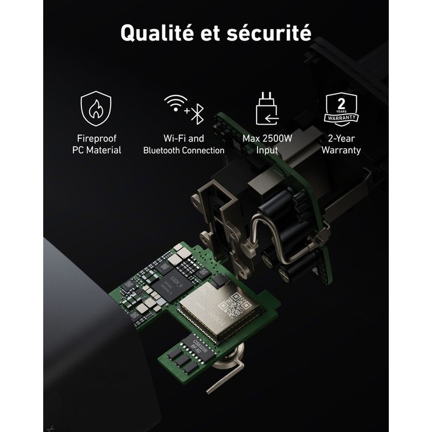 Image shows a circuit board with chips, Wi-Fi, fireproof material, and a 2-year warranty.