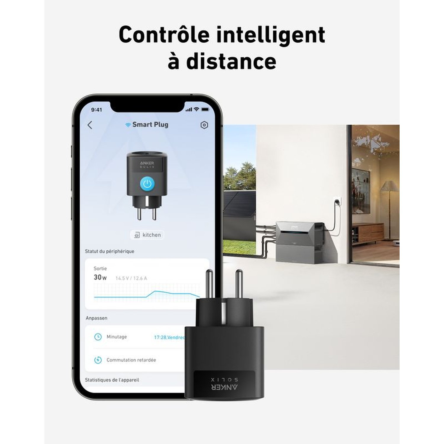 A smartphone displays a smart plug app. A black smart plug is on the right. A house and the plug are in the background.