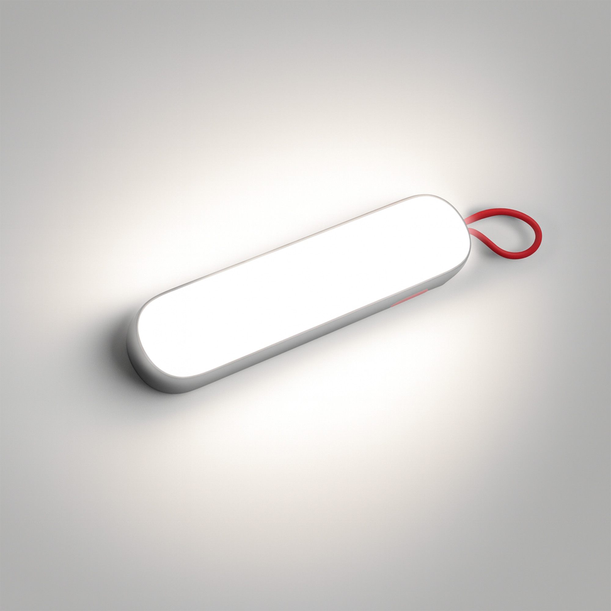 Kırmızı bir halka ile parlayan beyaz uzunumsu bir ışık, degrade gri bir arka plan üzerinde. Modern, minimalist bir tasarım.
