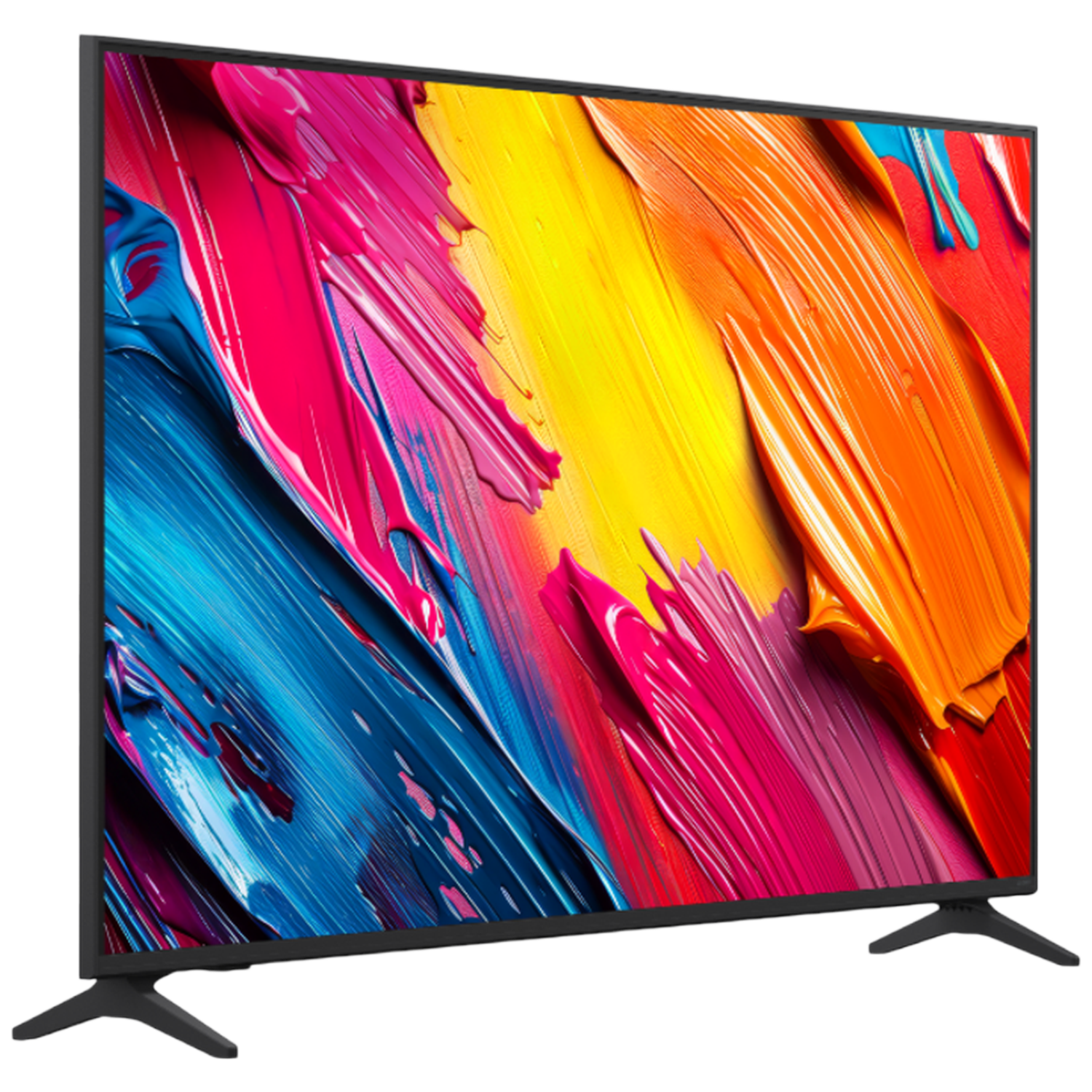 A flat-screen TV displays a vibrant abstract painting with strokes of pink, yellow, orange and blue. The TV has black legs and frame.