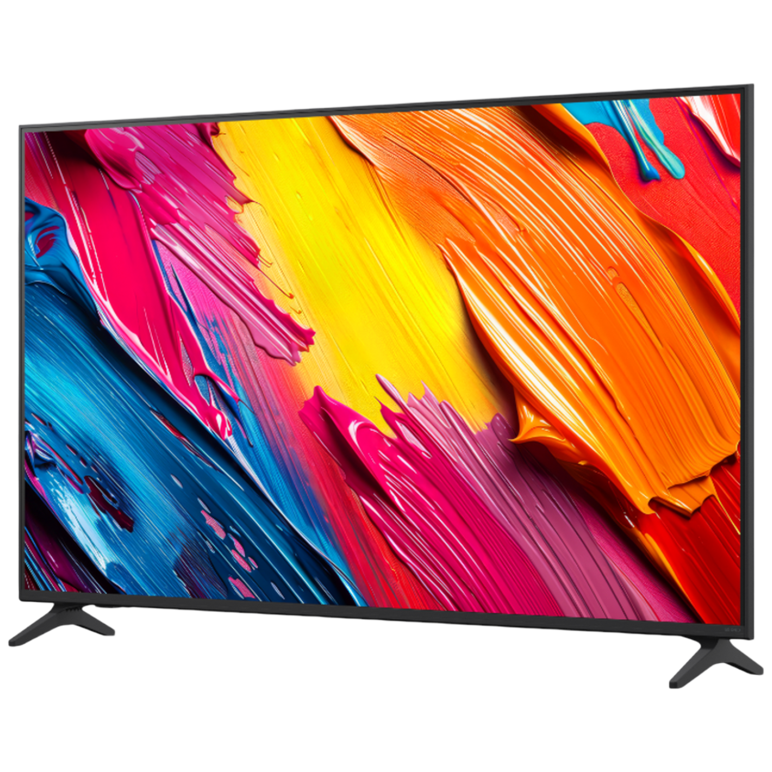 A flat-screen TV displays an abstract painting of colorful brushstrokes in pink, yellow, orange, and blue hues.