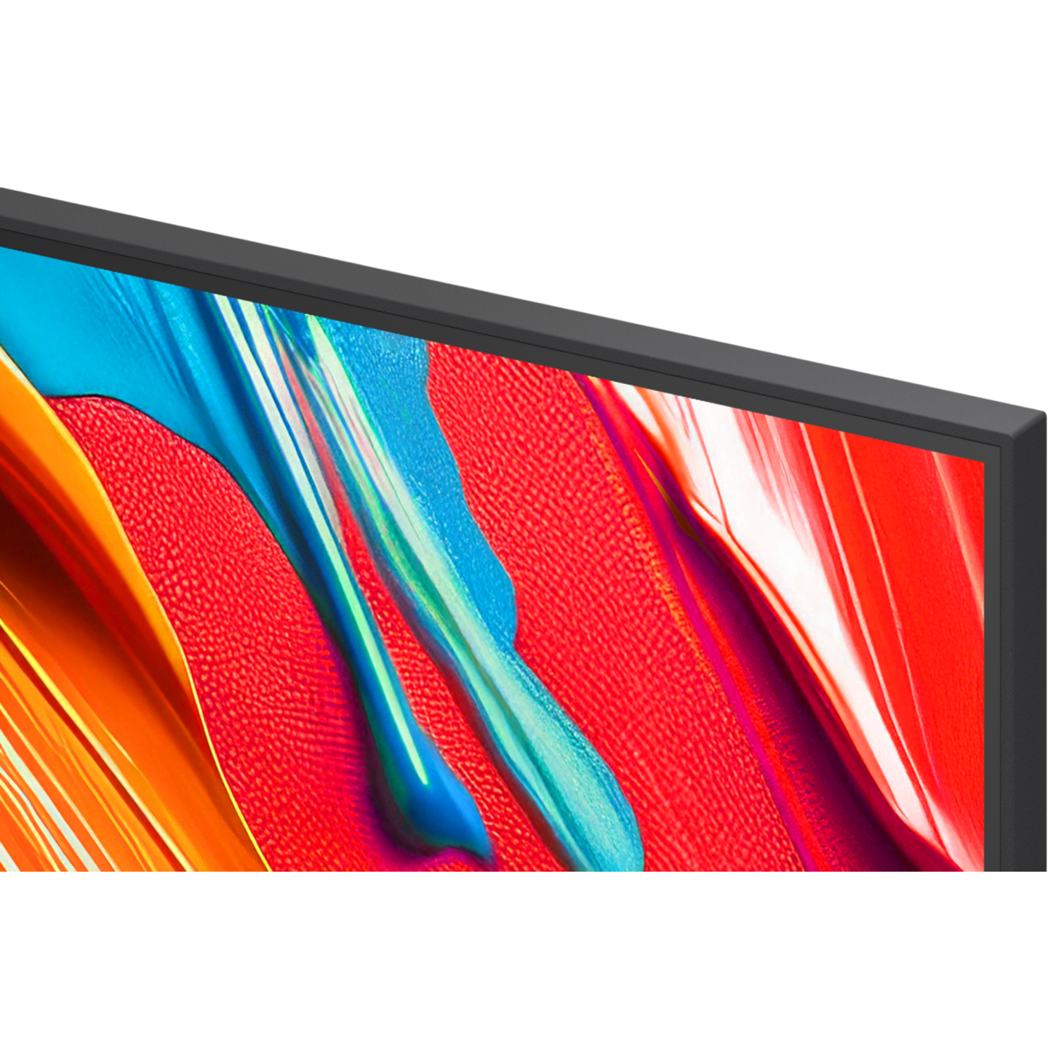 Close-up of a TV screen with abstract art. Red background with blue, orange, and white flowing shapes. Black frame.