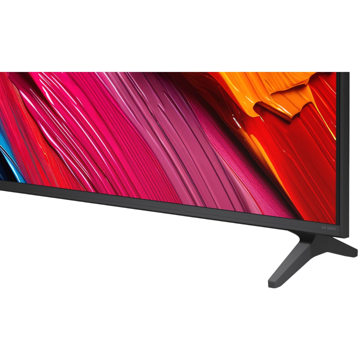 A close-up of a TV screen with a colorful abstract design. The TV is black, and has a stand. The screen shows red, pink, and orange.