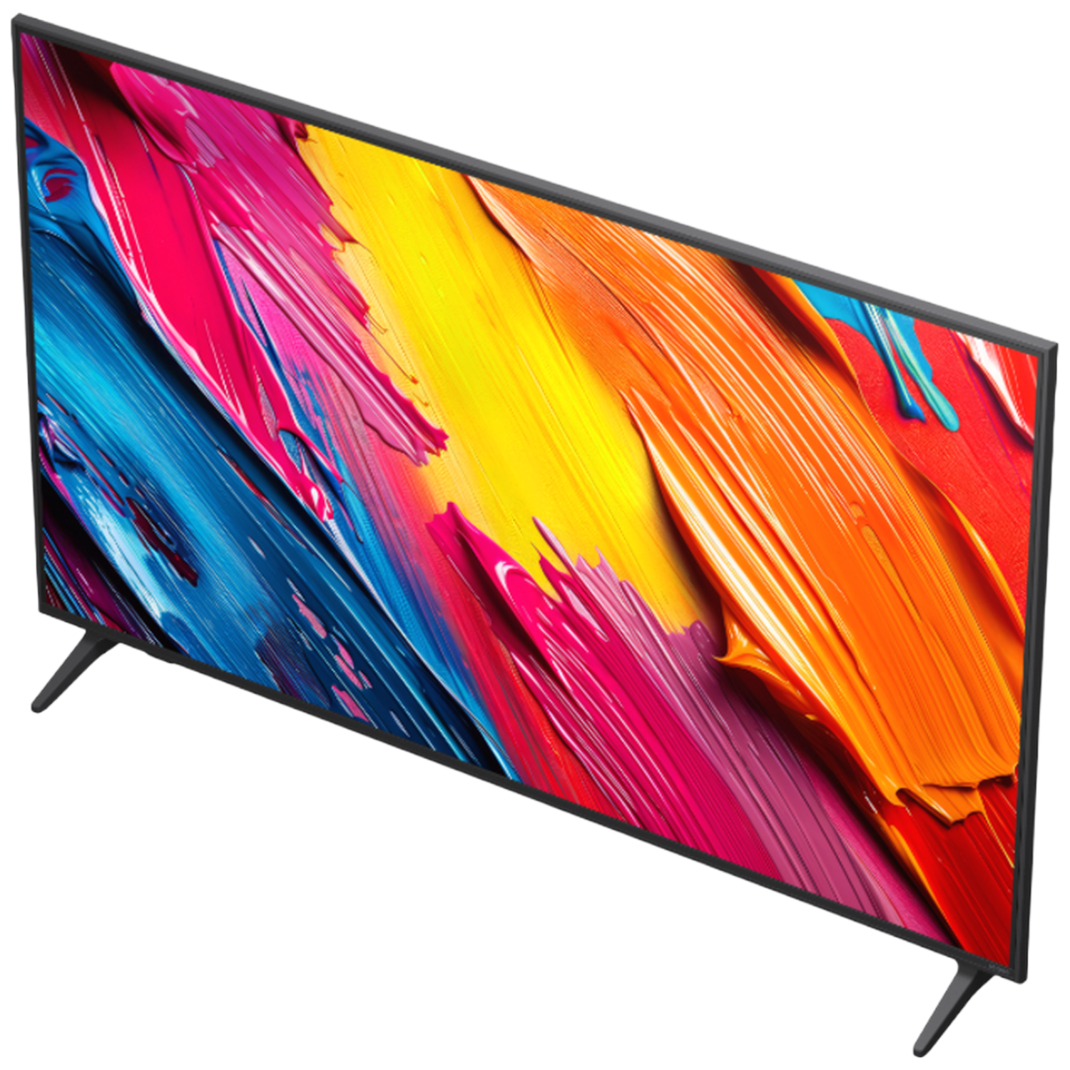 A flat-screen TV displays abstract art in vibrant colors: pink, blue, yellow, and orange. The TV has black borders and legs on a white background.