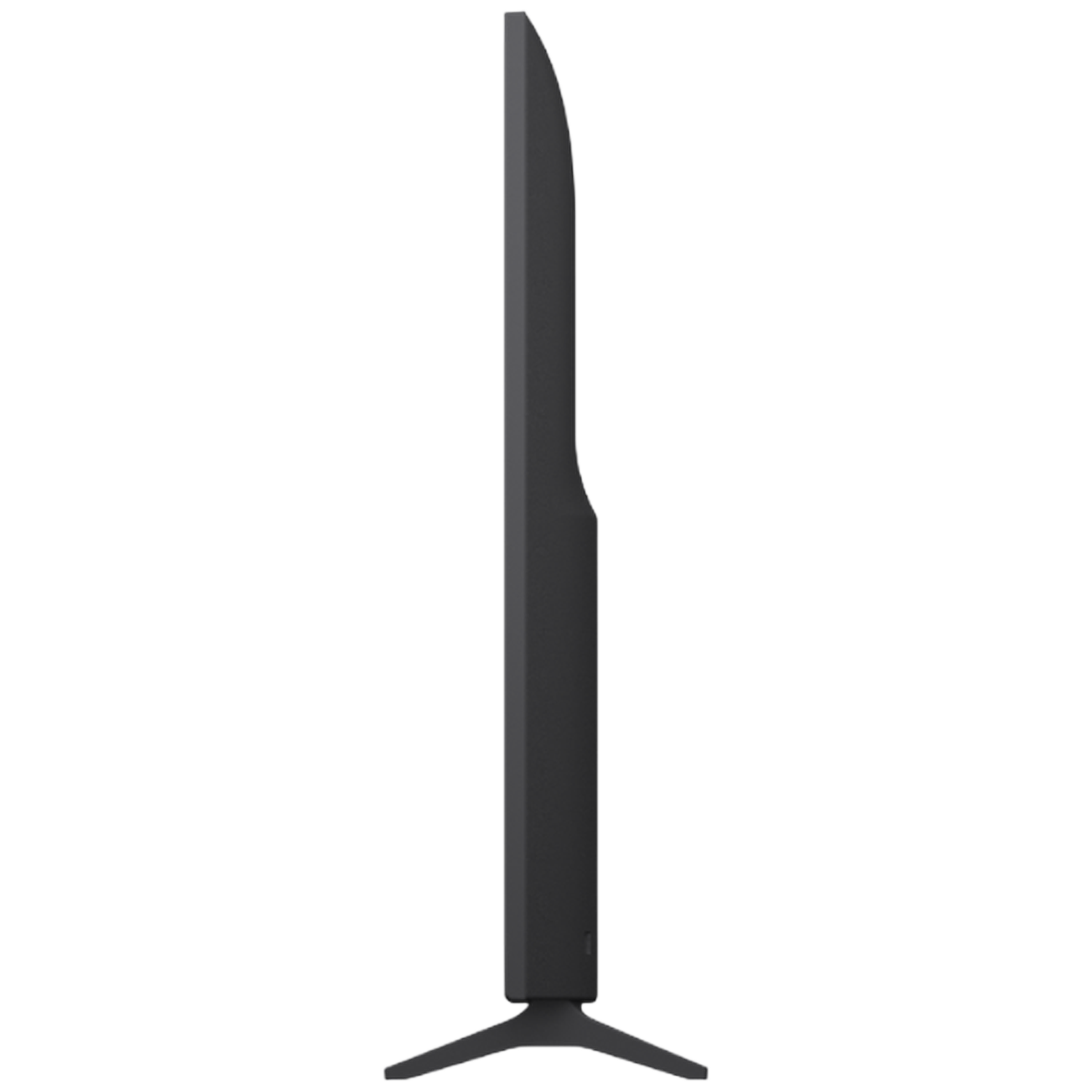 Side view of a black, slim television. It has a stand with two legs. The background is plain white.
