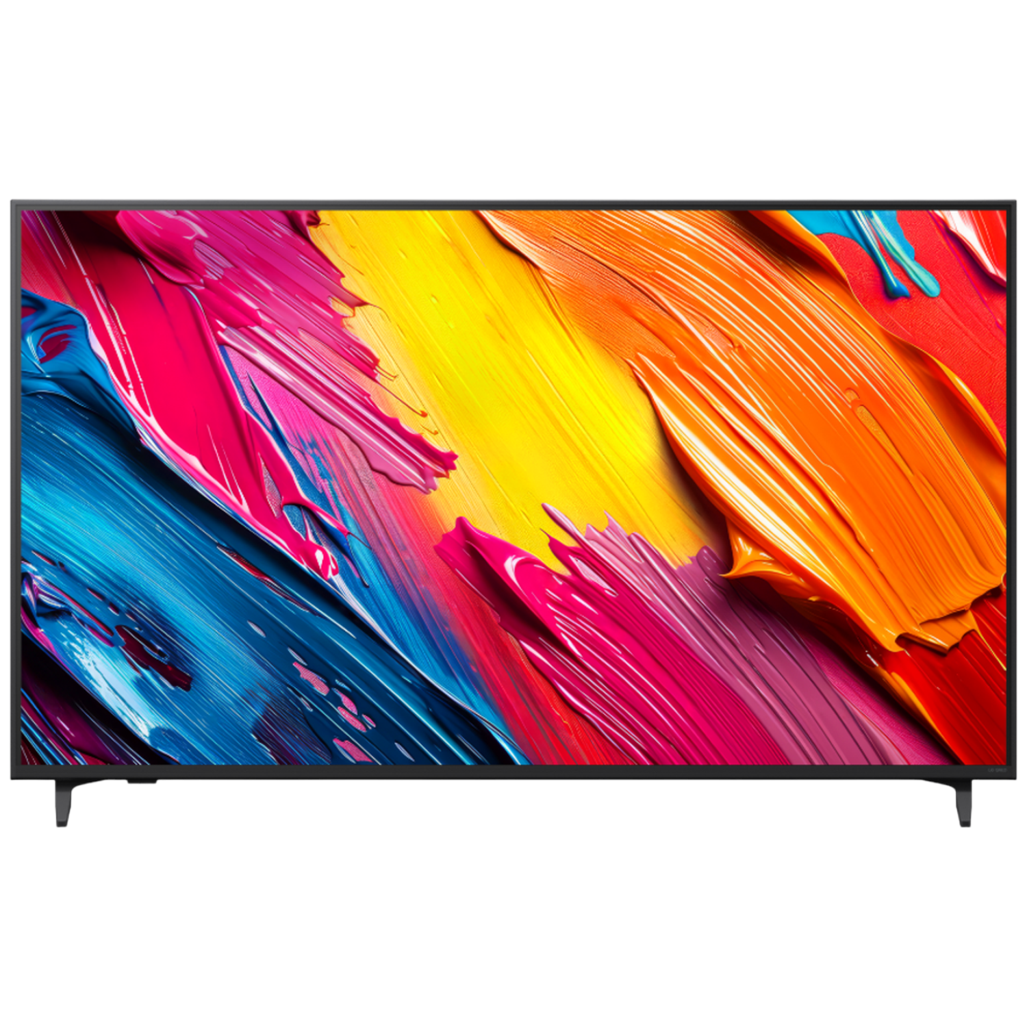 A flat-screen TV displays an abstract art with vibrant strokes of pink, orange, yellow, and blue. The TV has black borders and legs.