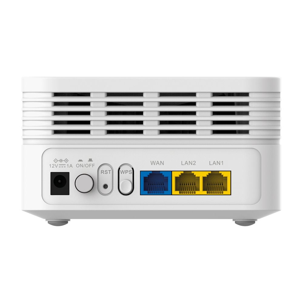 Rückseite des weißen Routers mit Lüftungsschlitzen, Ein/Aus-Tasten, Reset- und WPS-Tasten sowie WAN-, LAN2- und LAN1-Anschlüssen.