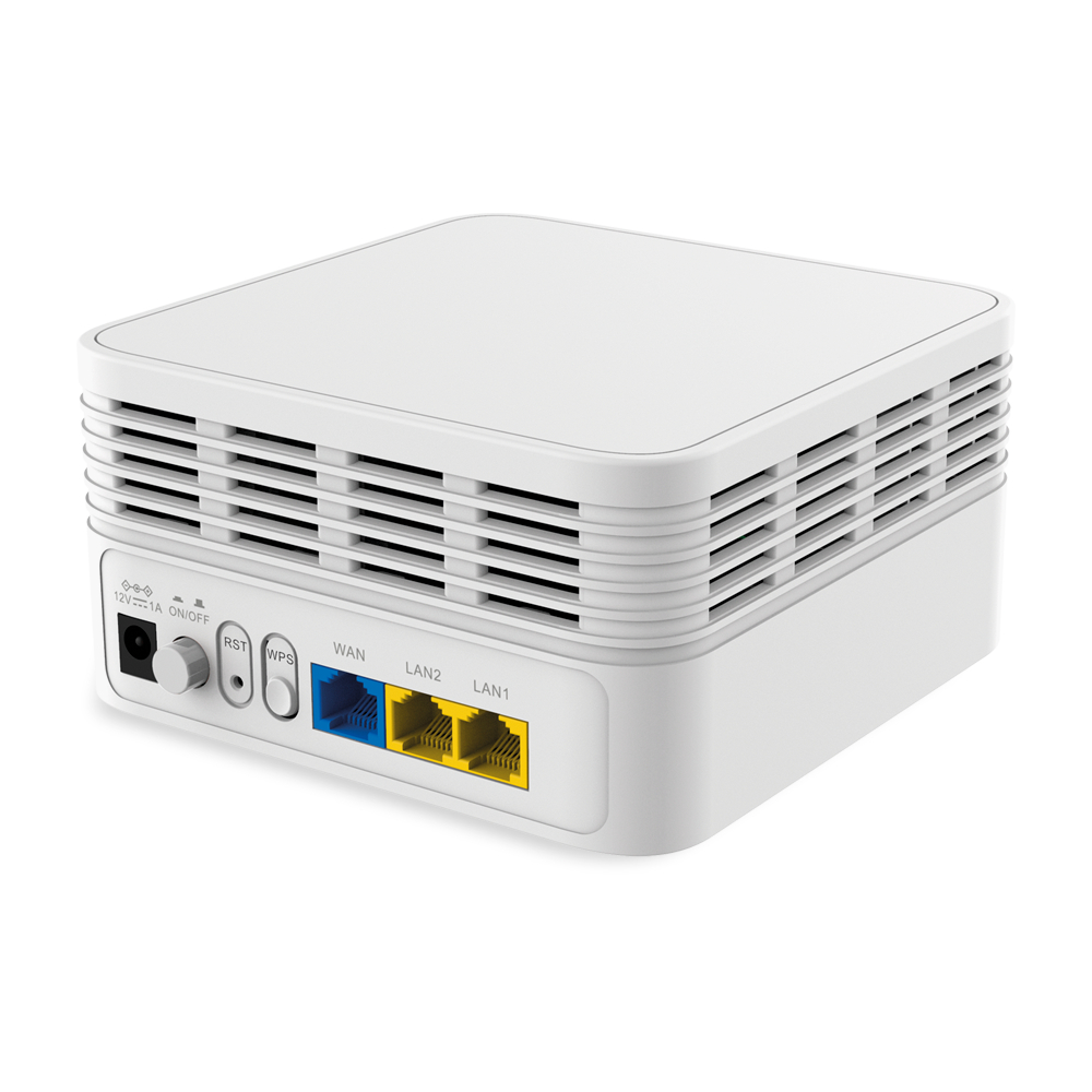 Weißer Router mit Lüftung, Strom- und Netzwerkanschlüssen. Anschlüsse sind blau und gelb. Hat einen Ein-/Ausschalter und Reset-Taste.