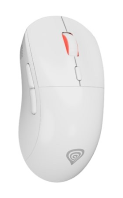 Biała mysz komputerowa z czerwono podświetlanym kółkiem przewijania. Ma dwa boczne przyciski i logo.