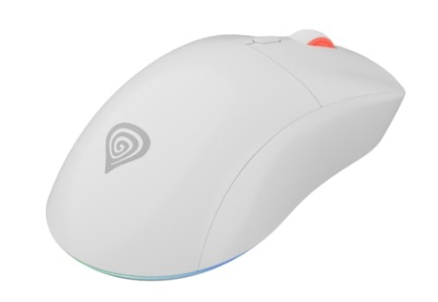 Biała mysz komputerowa z pomarańczowym przyciskiem i logo. Mysz ma zakrzywioną konstrukcję i świecącą dolną krawędź.