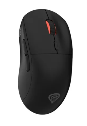 Czarna mysz komputerowa z czerwonym kółkiem przewijania. Ma dwa boczne przyciski i logo na dole. Tło jest białe.