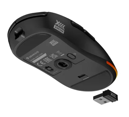 Czarna mysz komputerowa z odbiornikiem USB. Mysz ma nazwę ZIRCON. Spód zawiera informacje o produkcie.