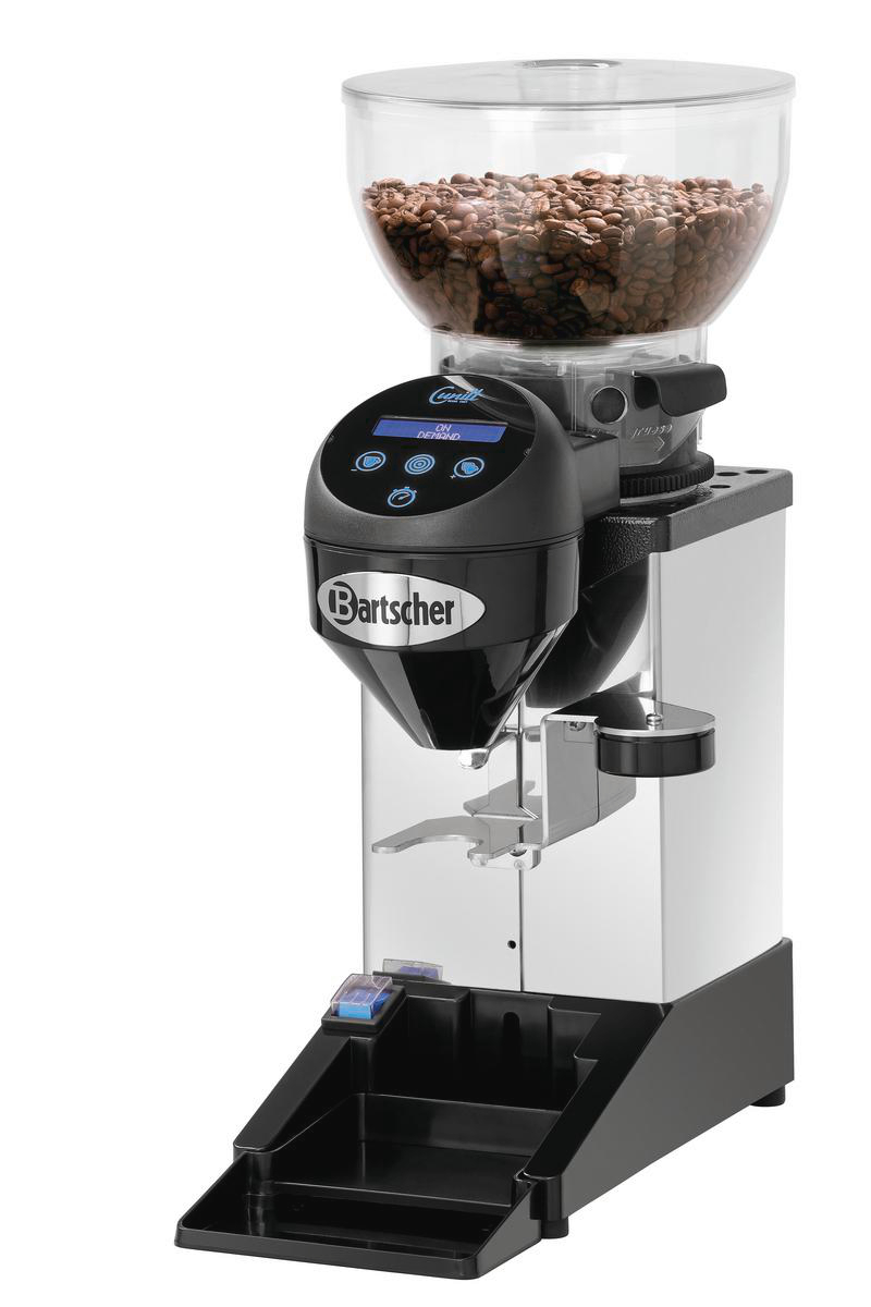 Kaffeemühle mit einem transparenten Bohnenbehälter. Die Mühle ist schwarz und silber, mit dem Markennamen 'Bartscher'.