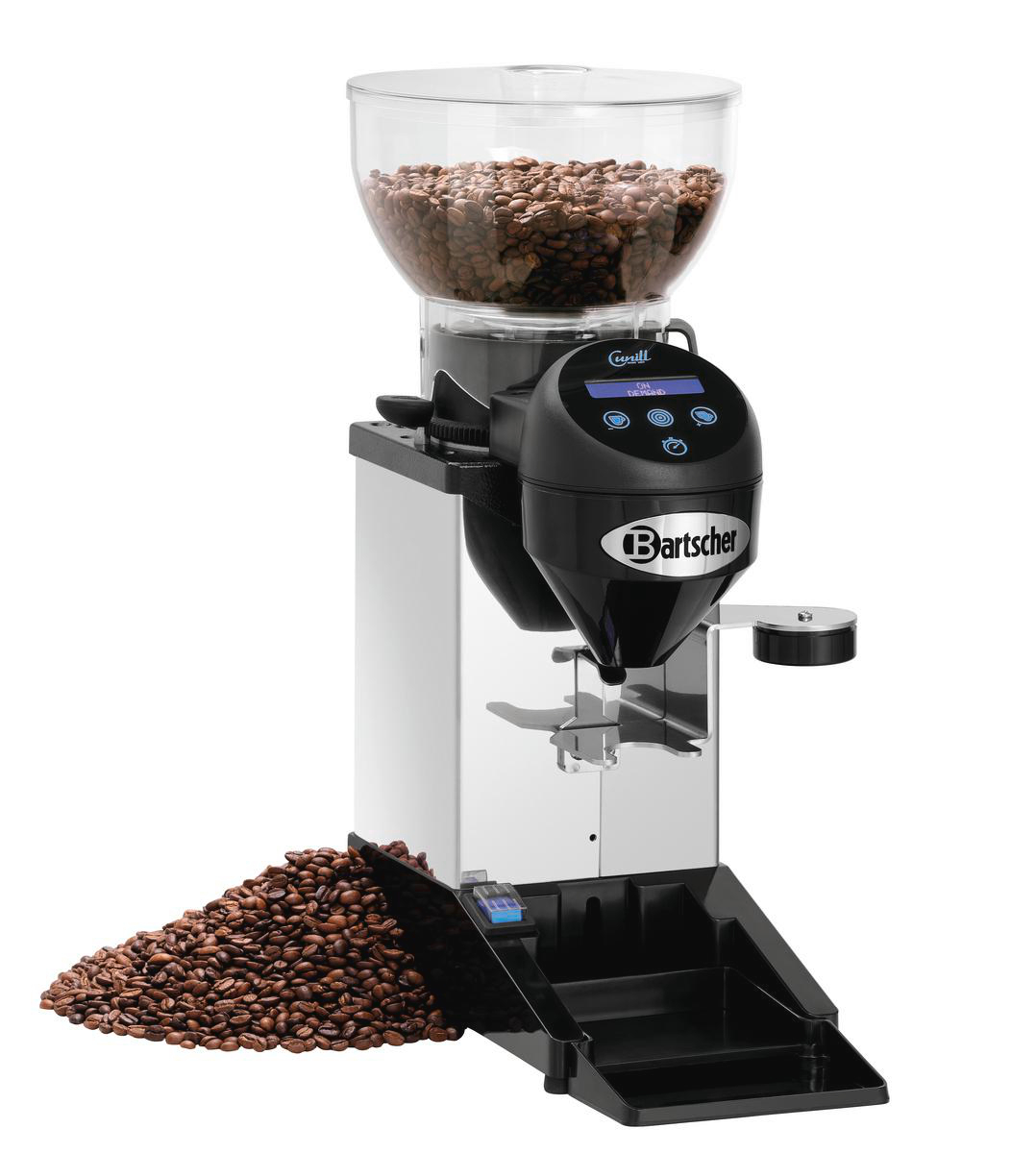 Kaffeemühle mit Bohnen. Ein transparenter Behälter enthält Kaffeebohnen, ein schwarzer Teil hat ein Display und den Markennamen.