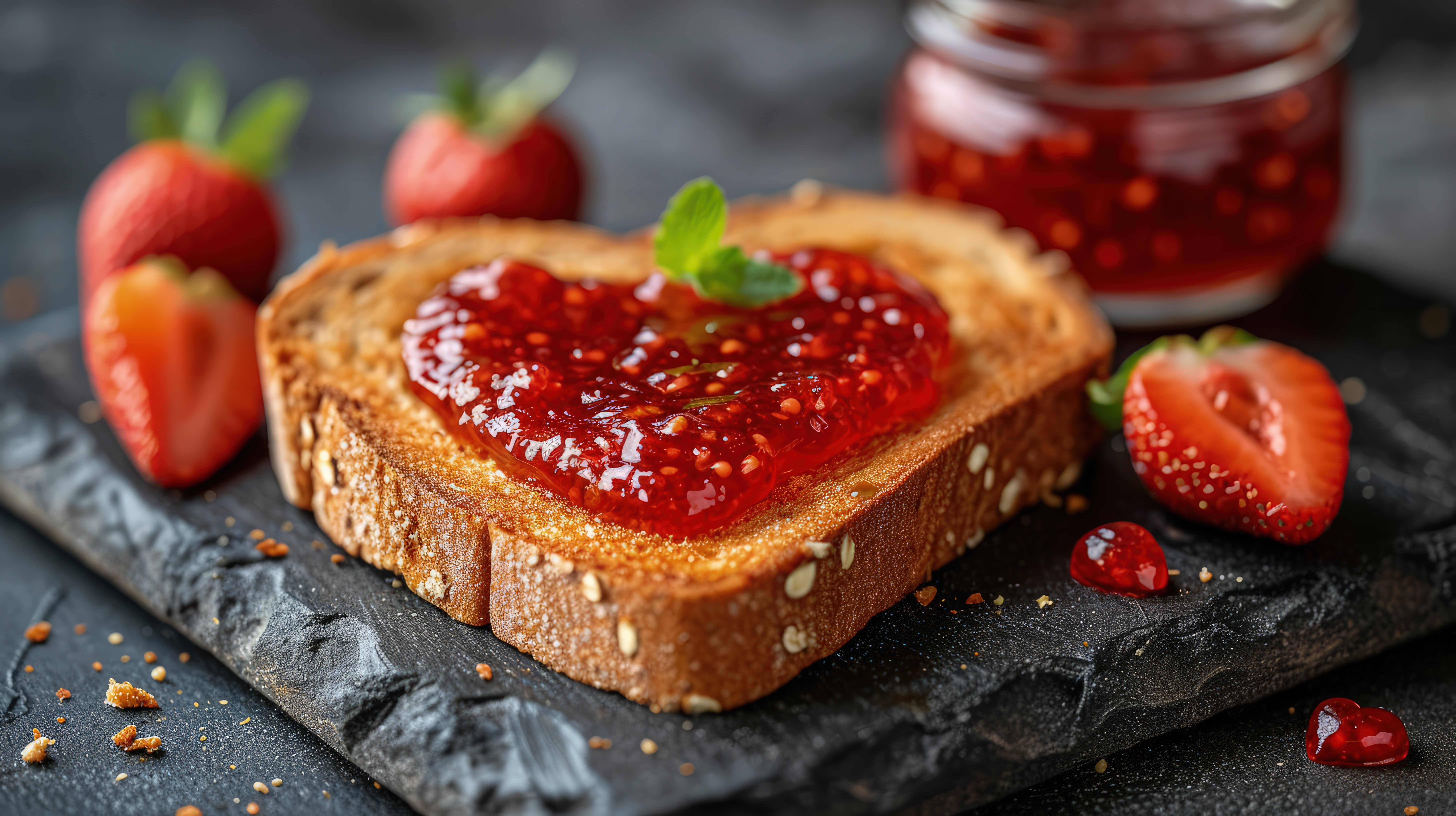 Toast mit herzförmiger Marmelade, Erdbeeren und Minze auf einem schwarzen Brett. Ein Glas Marmelade ist im Hintergrund.