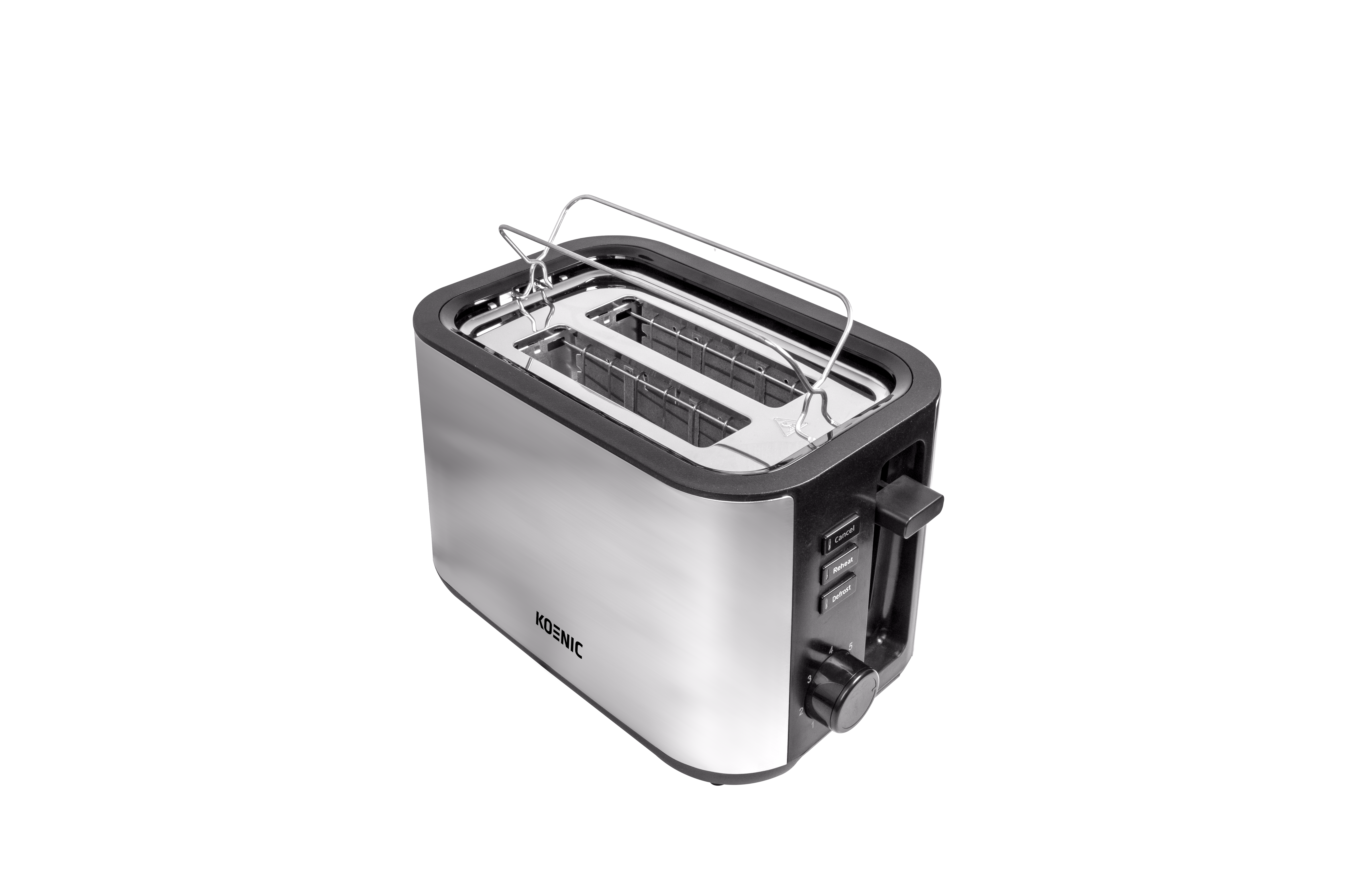 Ein silberner Toaster mit schwarzen Akzenten, Marke KOENIC. Er hat zwei Schlitze für Brot und einen Hebel an der Seite.