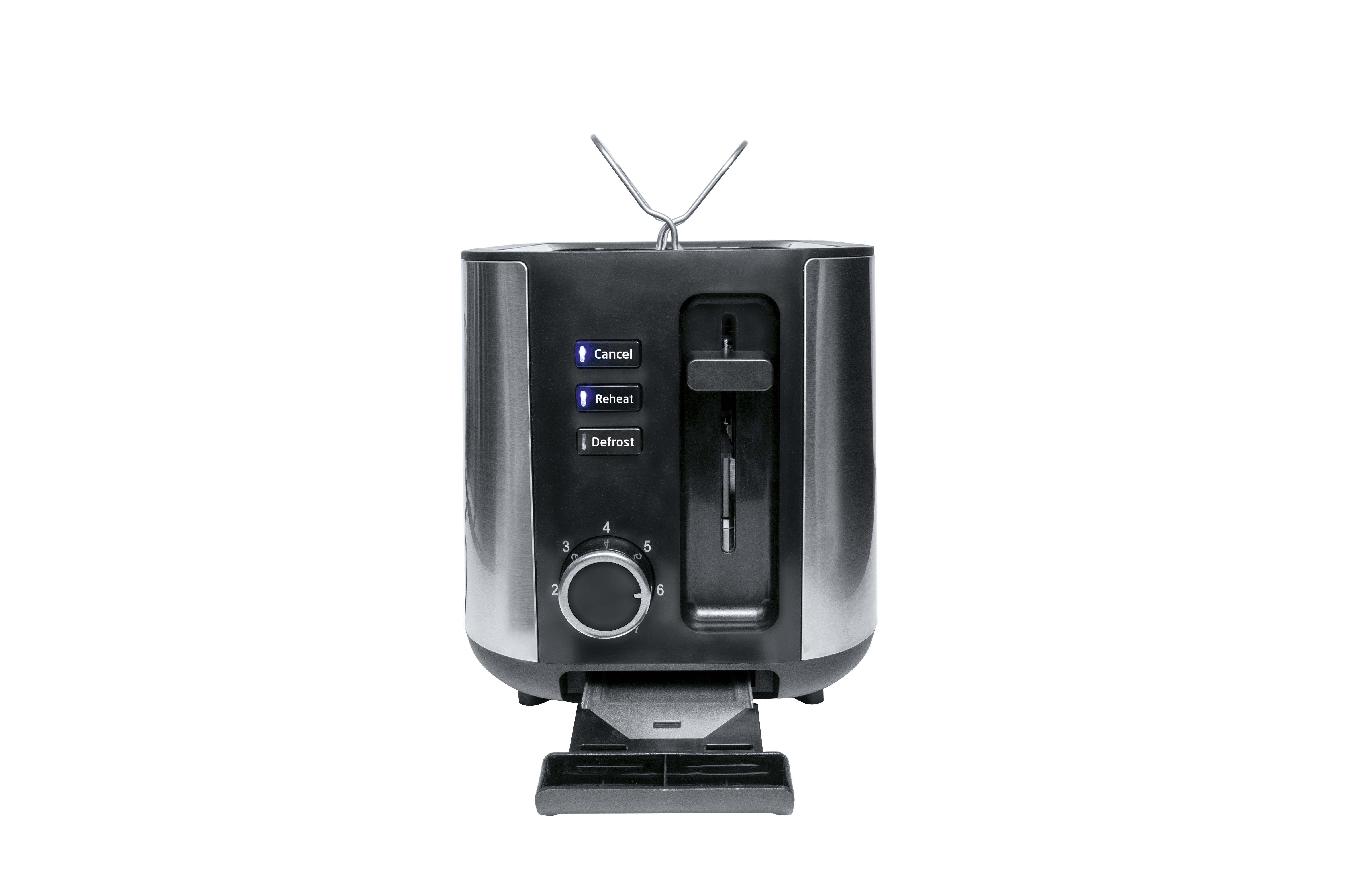 Ein schwarzer und silberner Toaster auf schwarzem Hintergrund. Er hat Knöpfe und einen Drehregler. Die Krümelschublade ist offen.