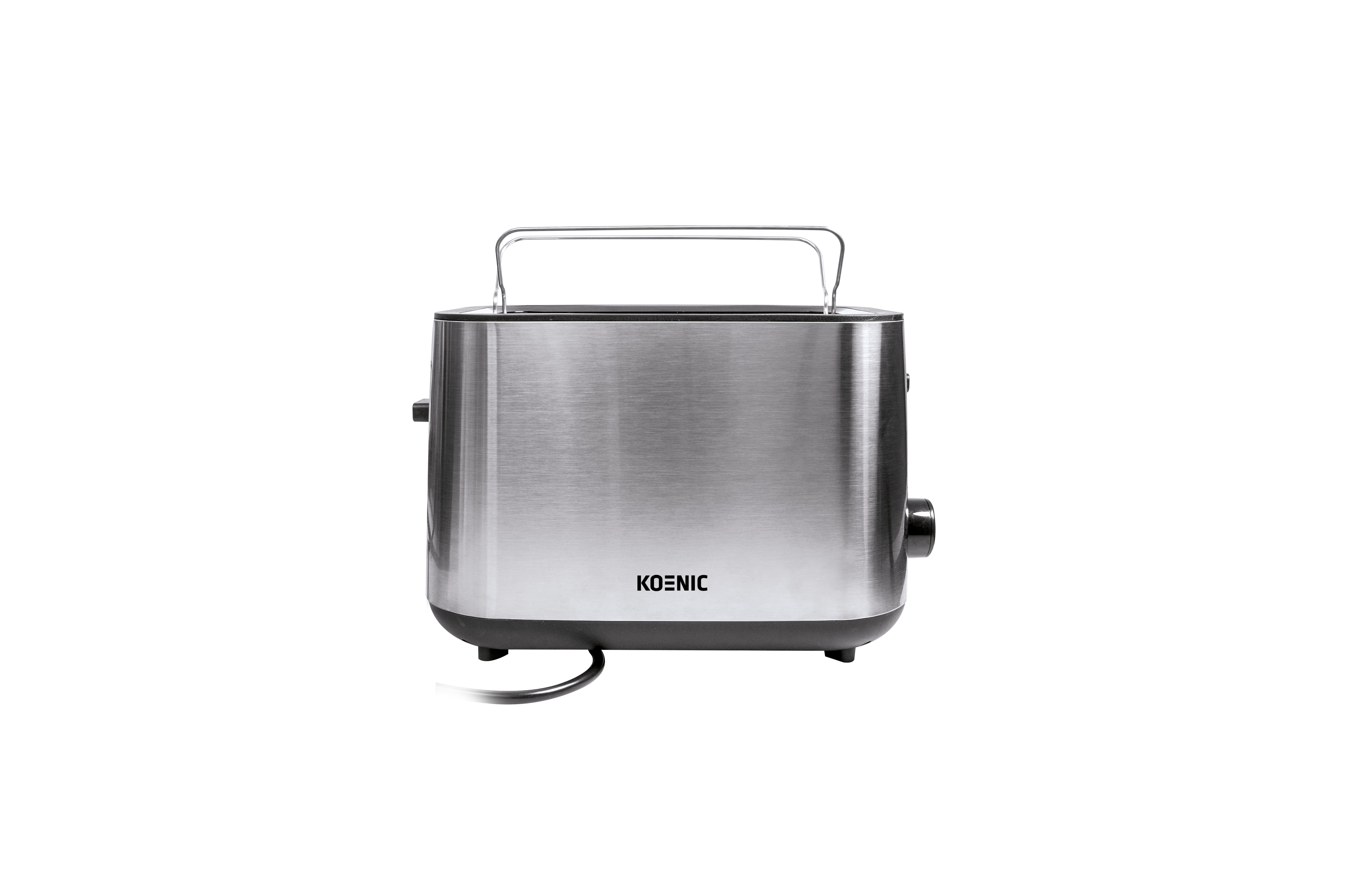 Ein silberner Toaster mit Griff, der Markenname KOENIC ist sichtbar. Er ist vor schwarzem Hintergrund.