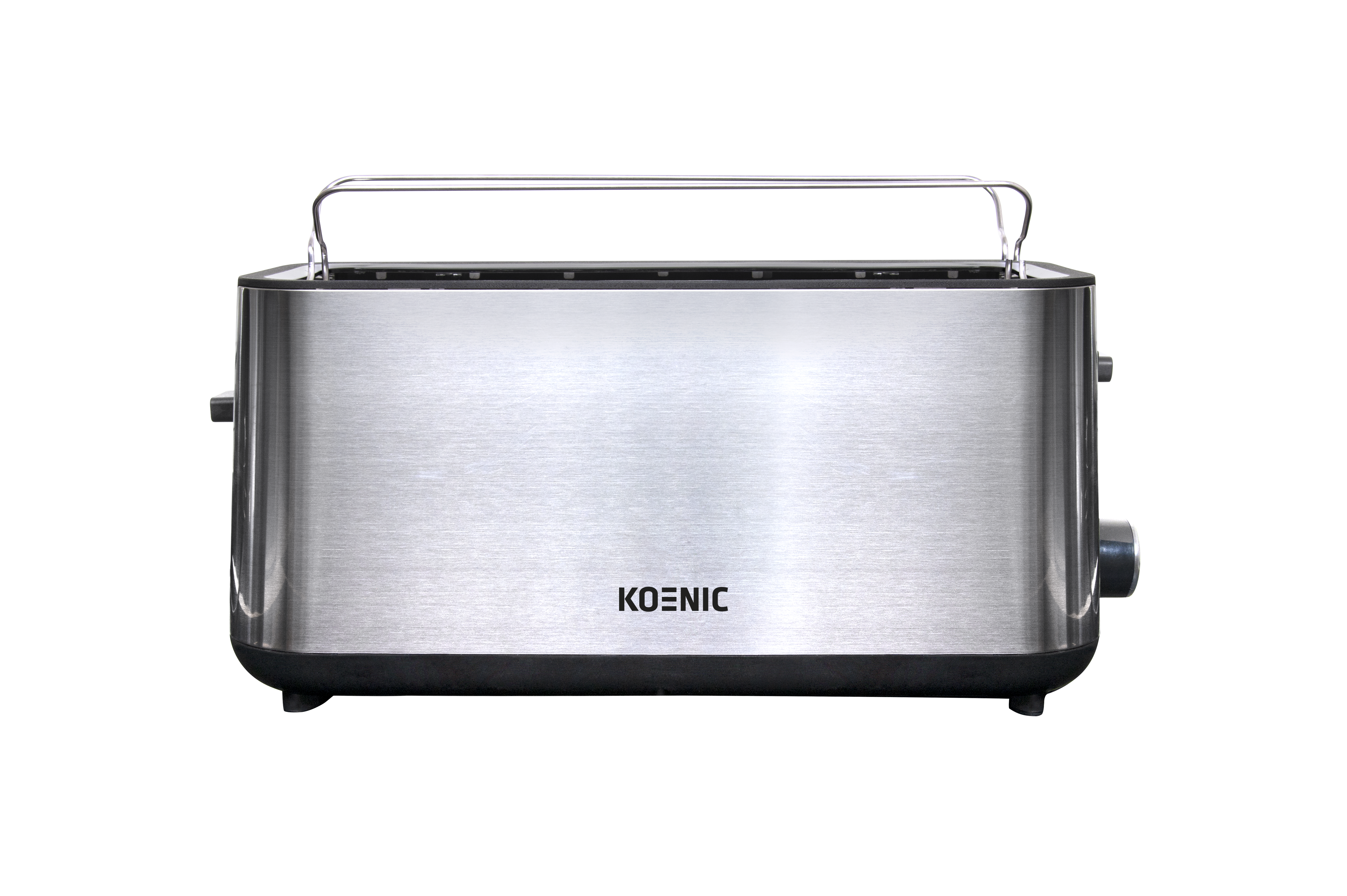 Toster ze stali nierdzewnej z marką KOENIC. Ma uchwyt i pokrętła na czarnym tle.