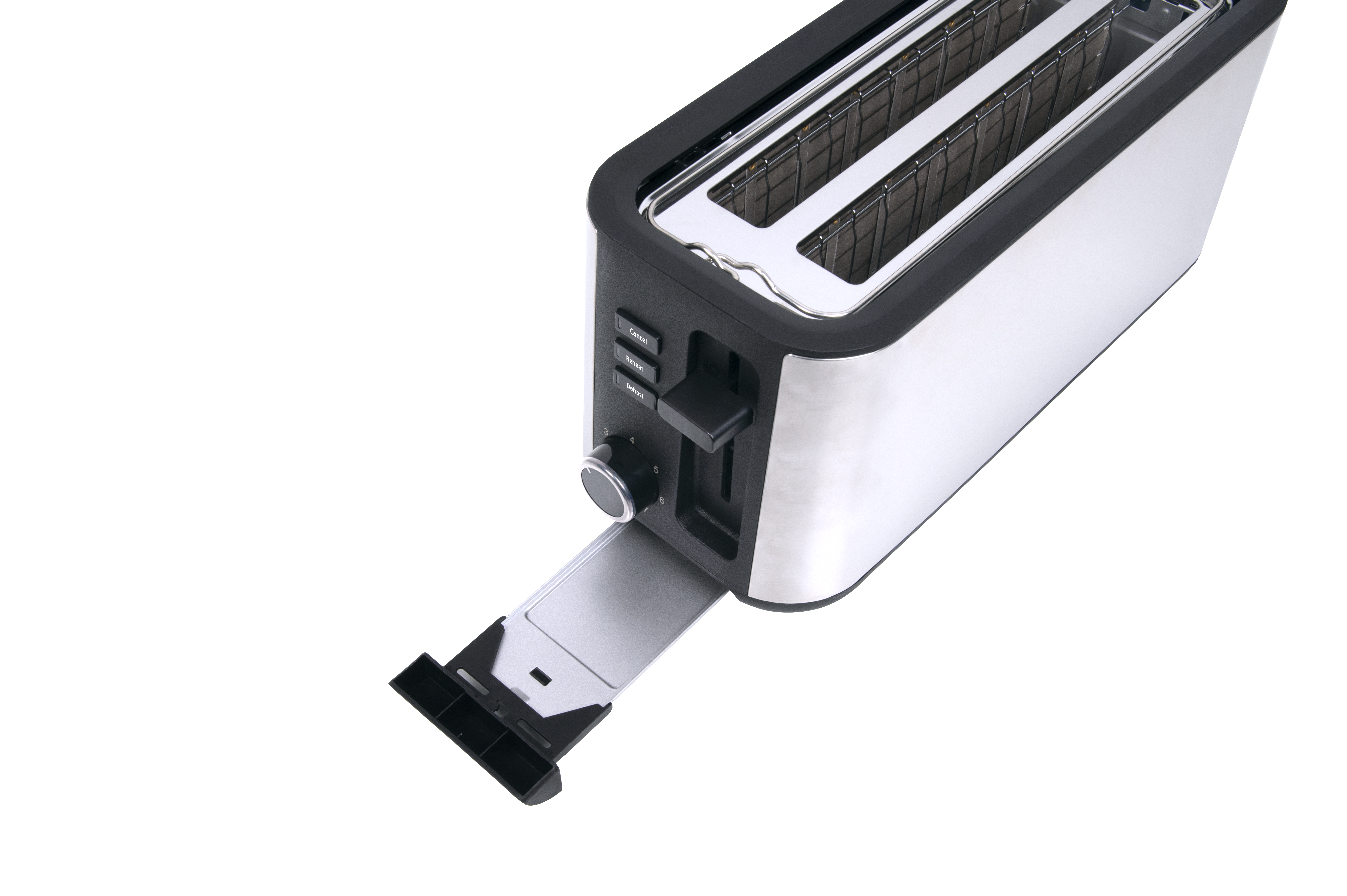 Toster ze stali nierdzewnej z dwoma otworami, czarnym panelem sterowania i wysuniętą tacką na okruchy, na białym tle.