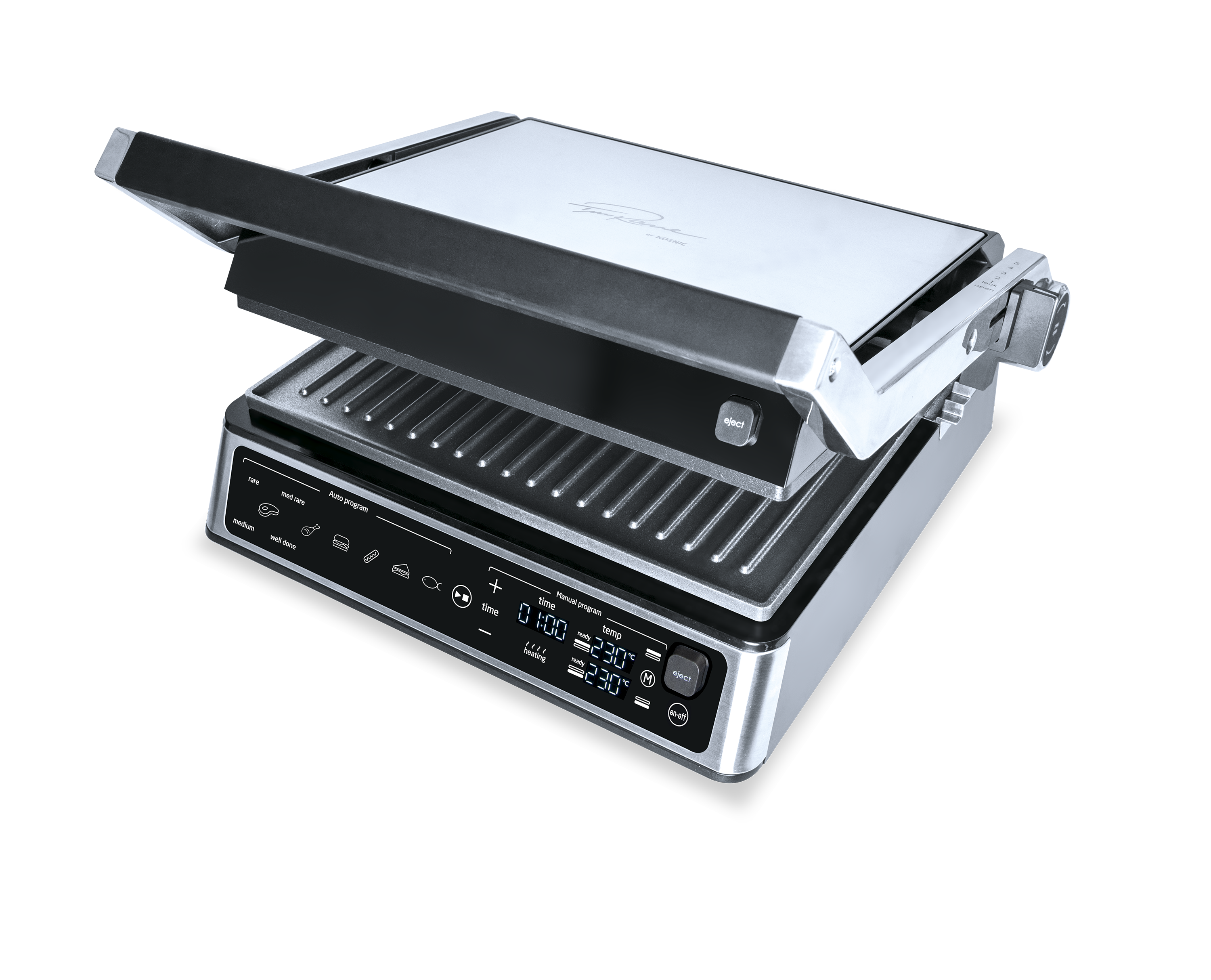 Ein silberner und schwarzer Grill ist geöffnet. Das Bedienfeld zeigt Einstellungen. Der Hintergrund ist schwarz.