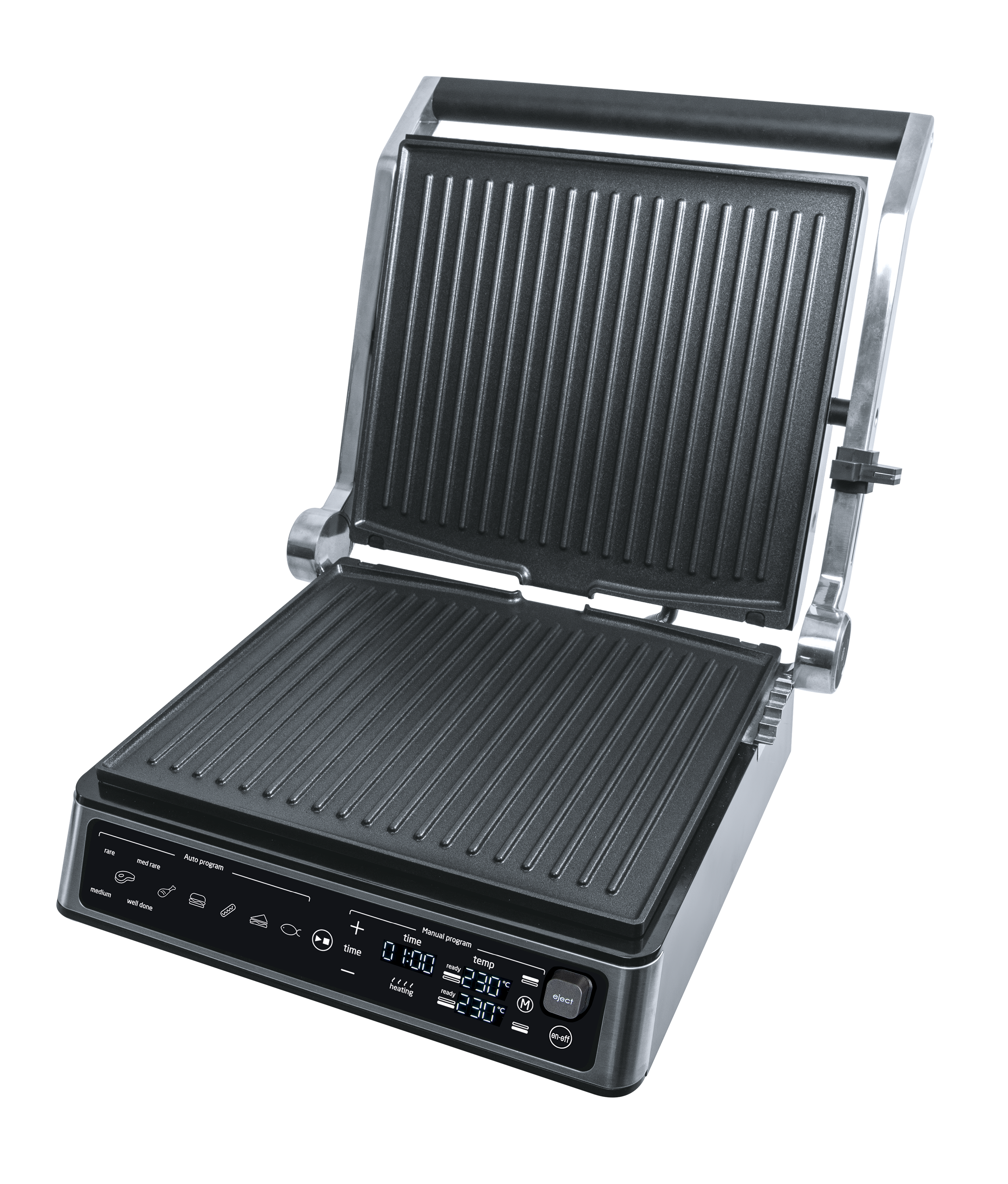 Offener Elektrogrill. Schwarze Grillplatten mit silbernem Griff und Rahmen. Bedienfeld mit Zeit- und Temperatureinstellungen.