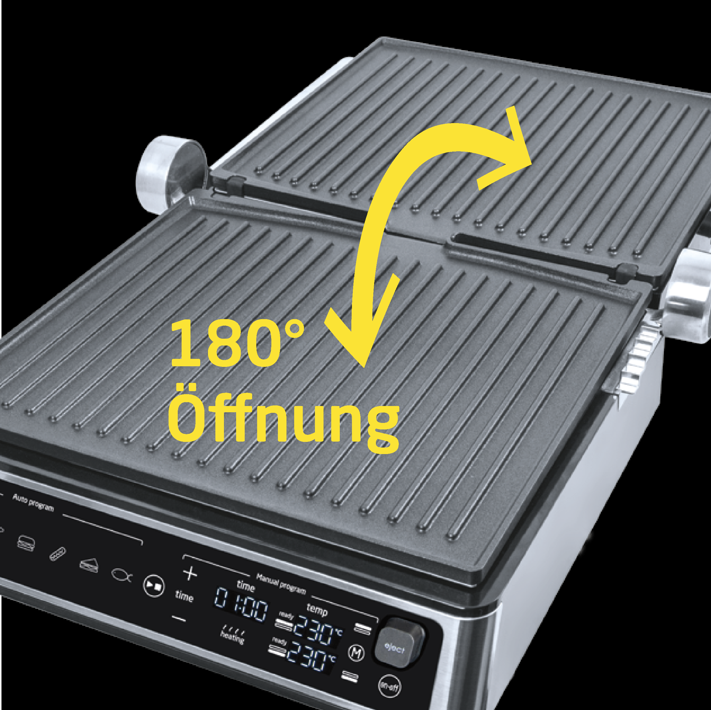 Ein Grillgerät mit 180° Öffnung wird gezeigt. Der Grill ist schwarz und silber.