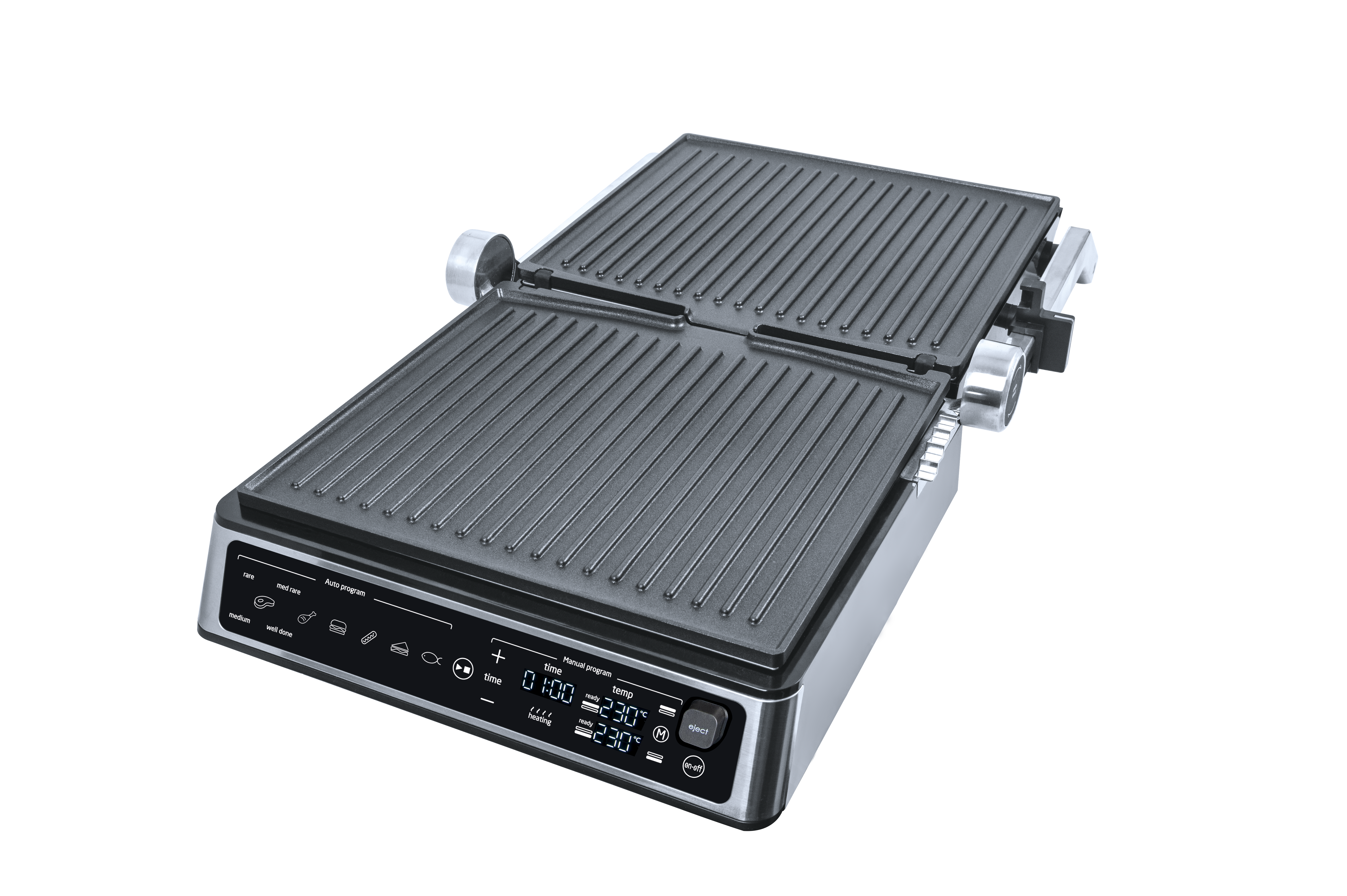 Ein offener Elektrogrill mit Digitalanzeige, die Zeit- und Temperatureinstellungen anzeigt. Der Grill ist silber und schwarz.