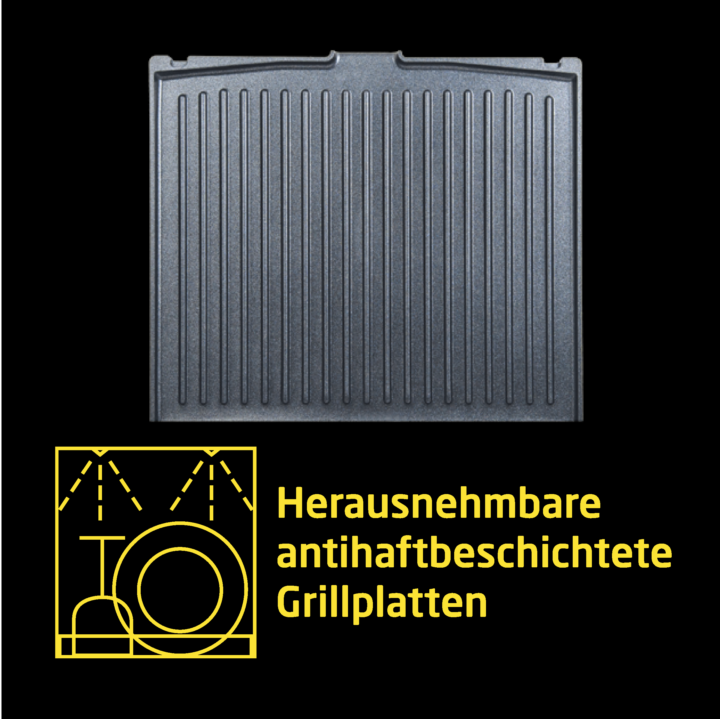Graue Grillplatte mit vertikalen Rippen auf schwarzem Hintergrund, Text und gelbem Icon unten.