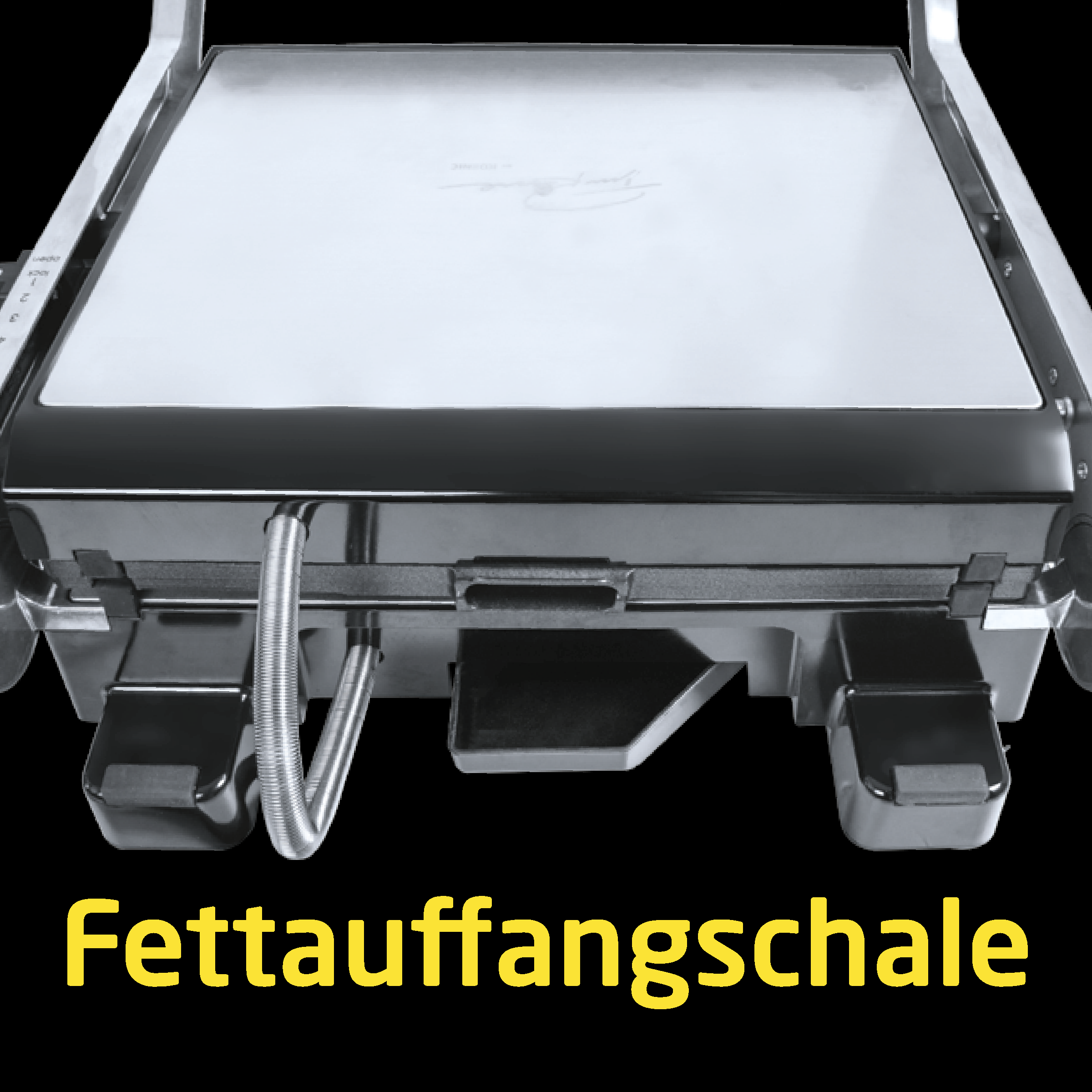 Nahaufnahme eines silbernen Grills. Der Text 'Fettauffangschale' steht unten in Gelb. Schwarzer Hintergrund.