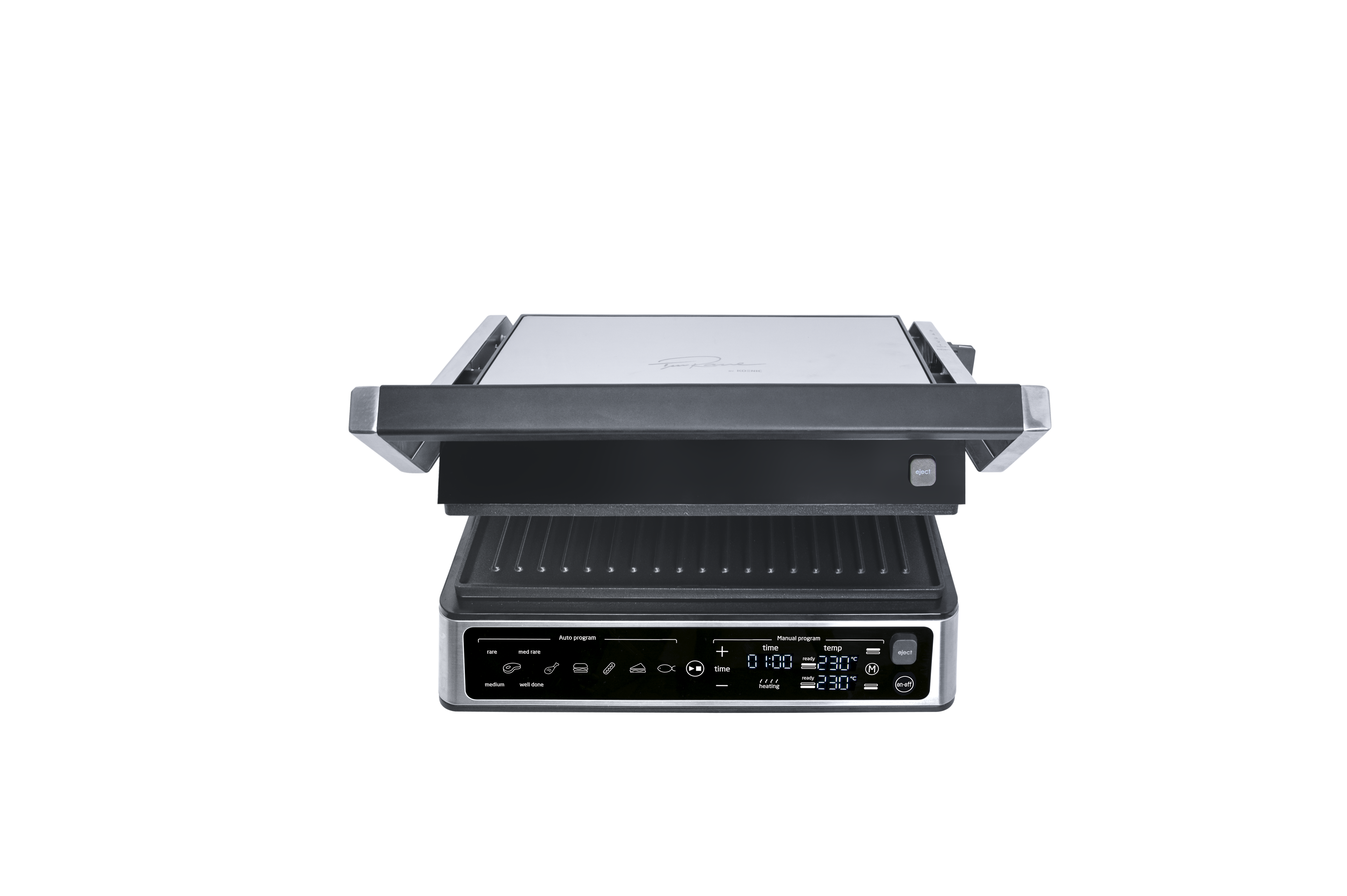 Elektrischer Grill mit schwarzen und silbernen Teilen, offen. Bedienfeld unten, mit Zeit- und Temperaturanzeige. Isoliert auf Schwarz.