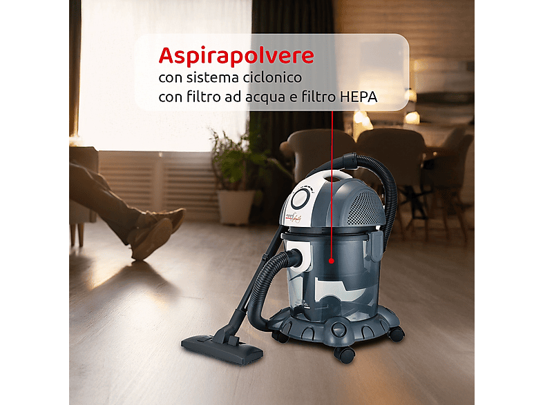 miglior liquido tabaccoso BIDONE ASPIRATUTTO MELCHIONI FAMILY MR BIN G, 1200 W, Capacità serbatoio 15  l per polvere e 10 l per acqua, Sistema ciclonico con filtro ad acqua,  Filtro HEPA lavabile, Cavo 4 m