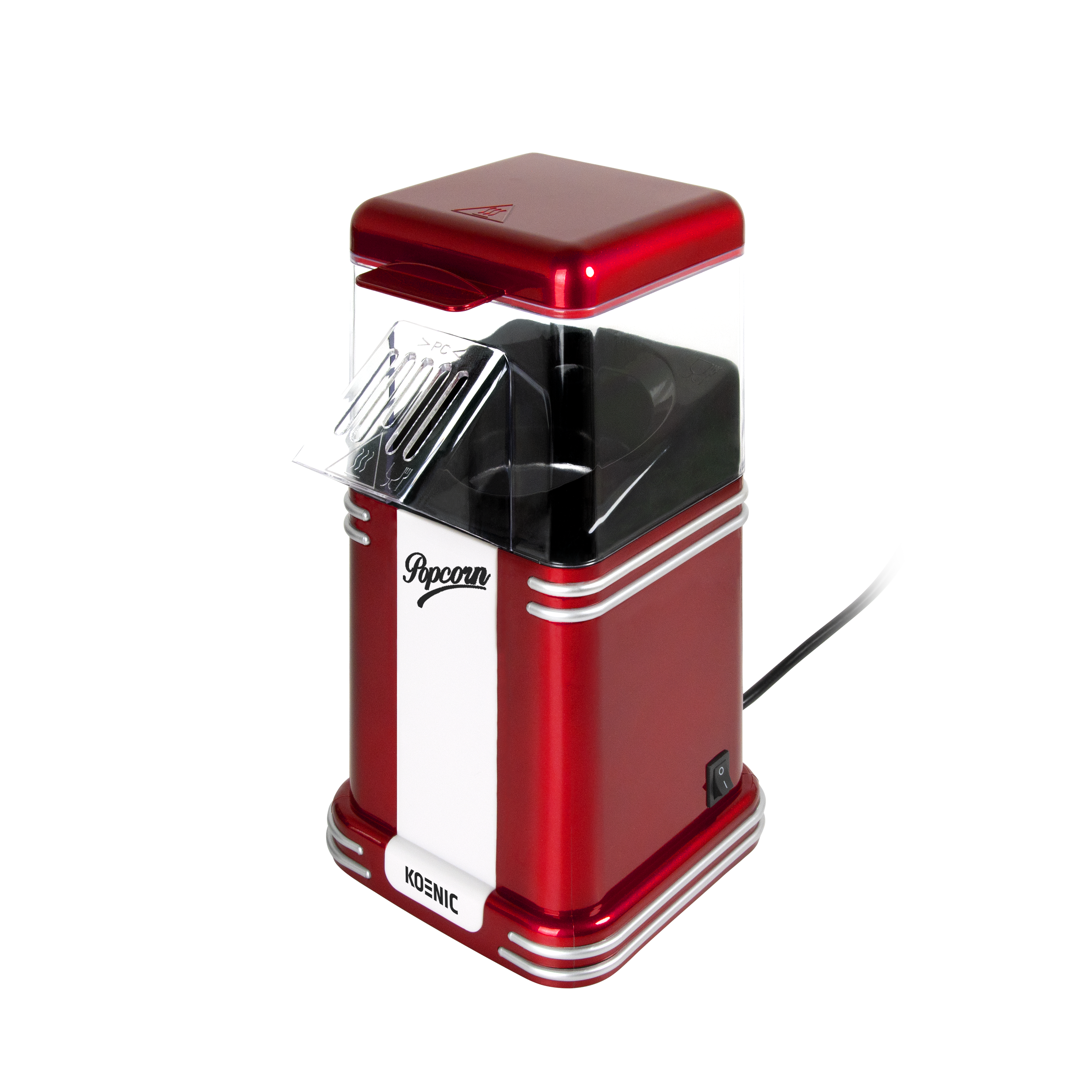 Roter und weißer Koenic Popcornmaker. Er hat einen transparenten Deckel und ein schwarzes Netzkabel.