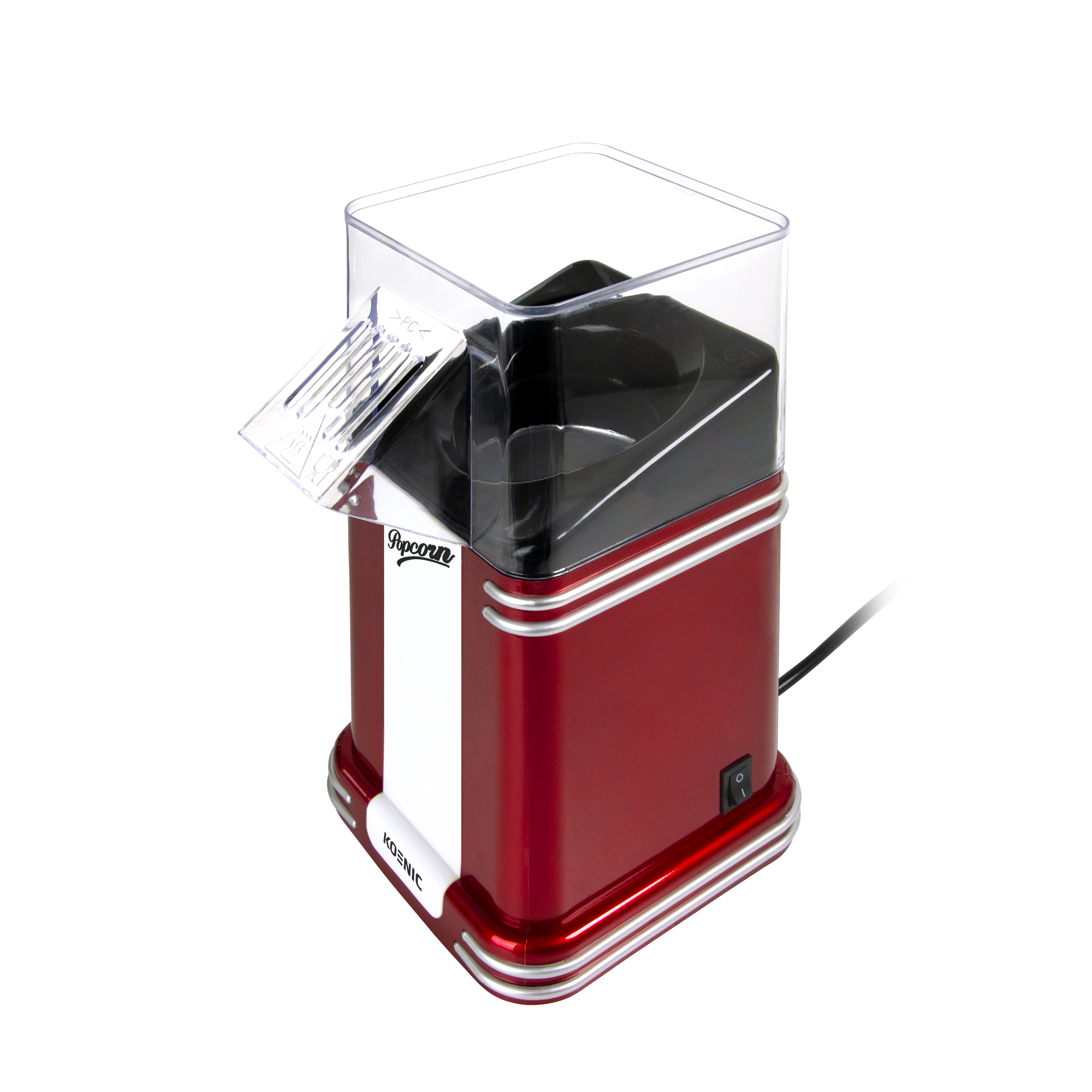 Eine rote und silberne Popcornmaschine. Sie hat eine klare Oberseite und ein schwarzes Netzkabel.