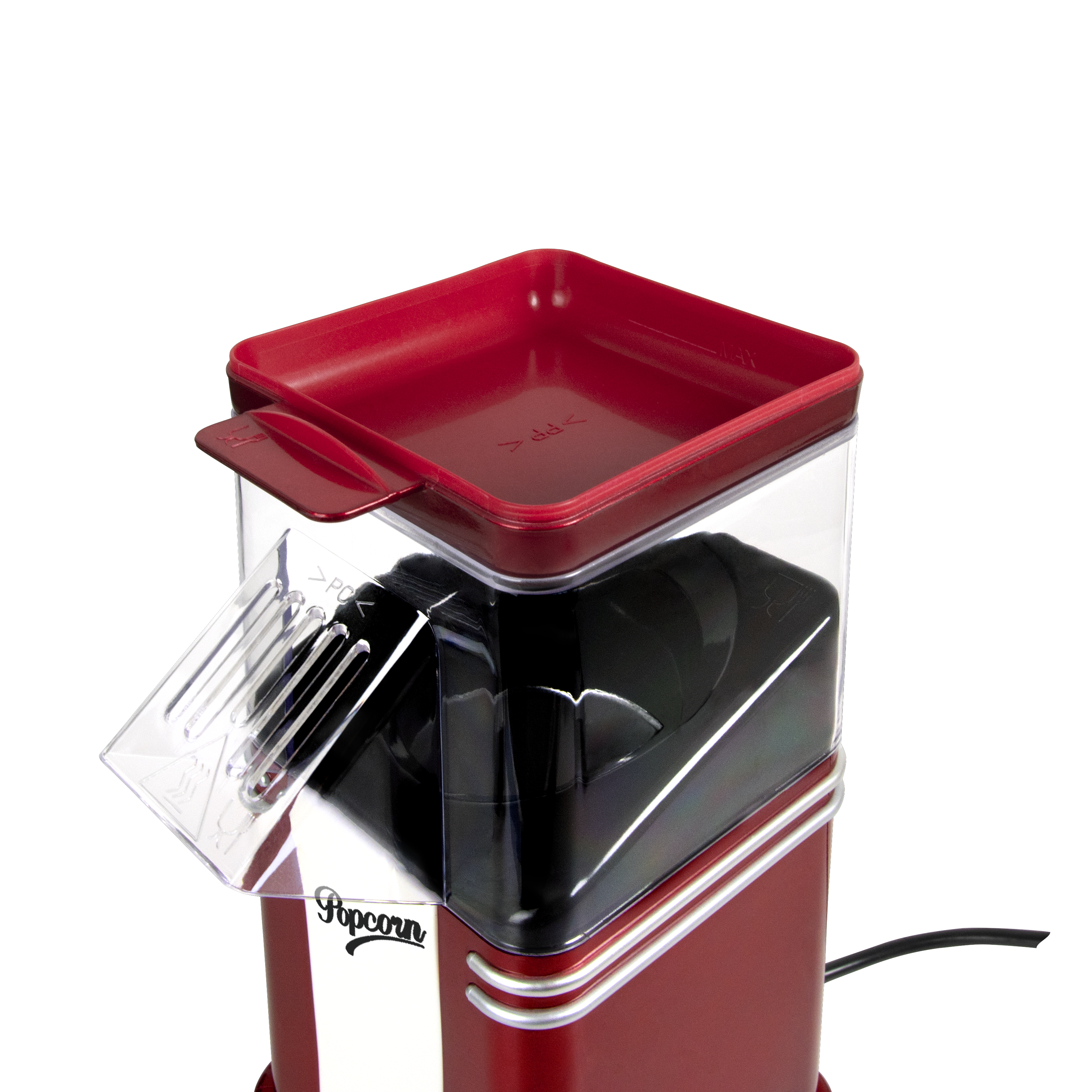 Eine rot-schwarze Popcornmaschine. Sie hat eine rote Ober- und Unterseite mit einem durchsichtigen Kunststoffbehälter. Das Wort 'Popcorn' steht auf der Vorderseite.