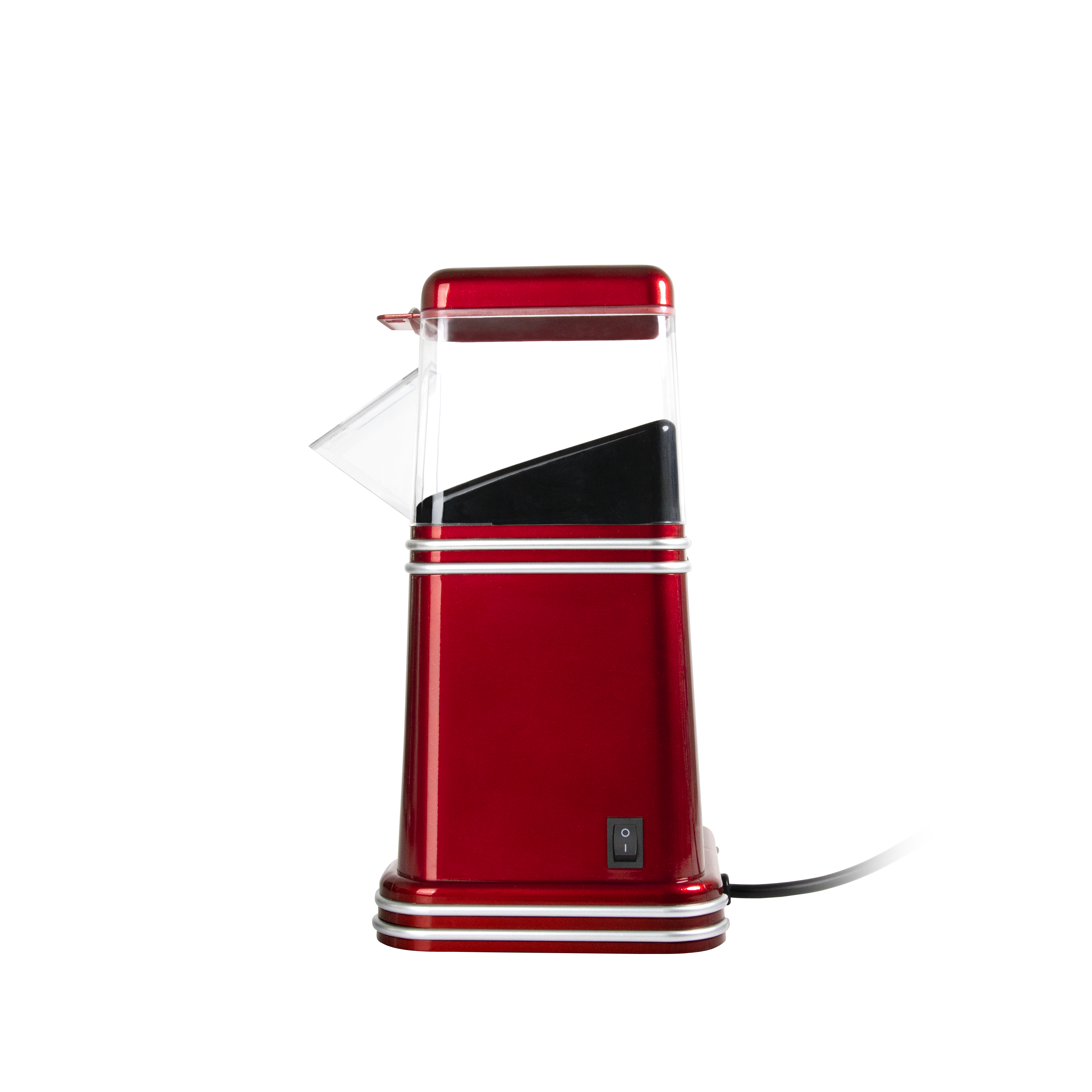 Roter und silberner Popcornmaker auf schwarzem Hintergrund. Er hat eine klare Oberseite und einen Ein-/Ausschalter.