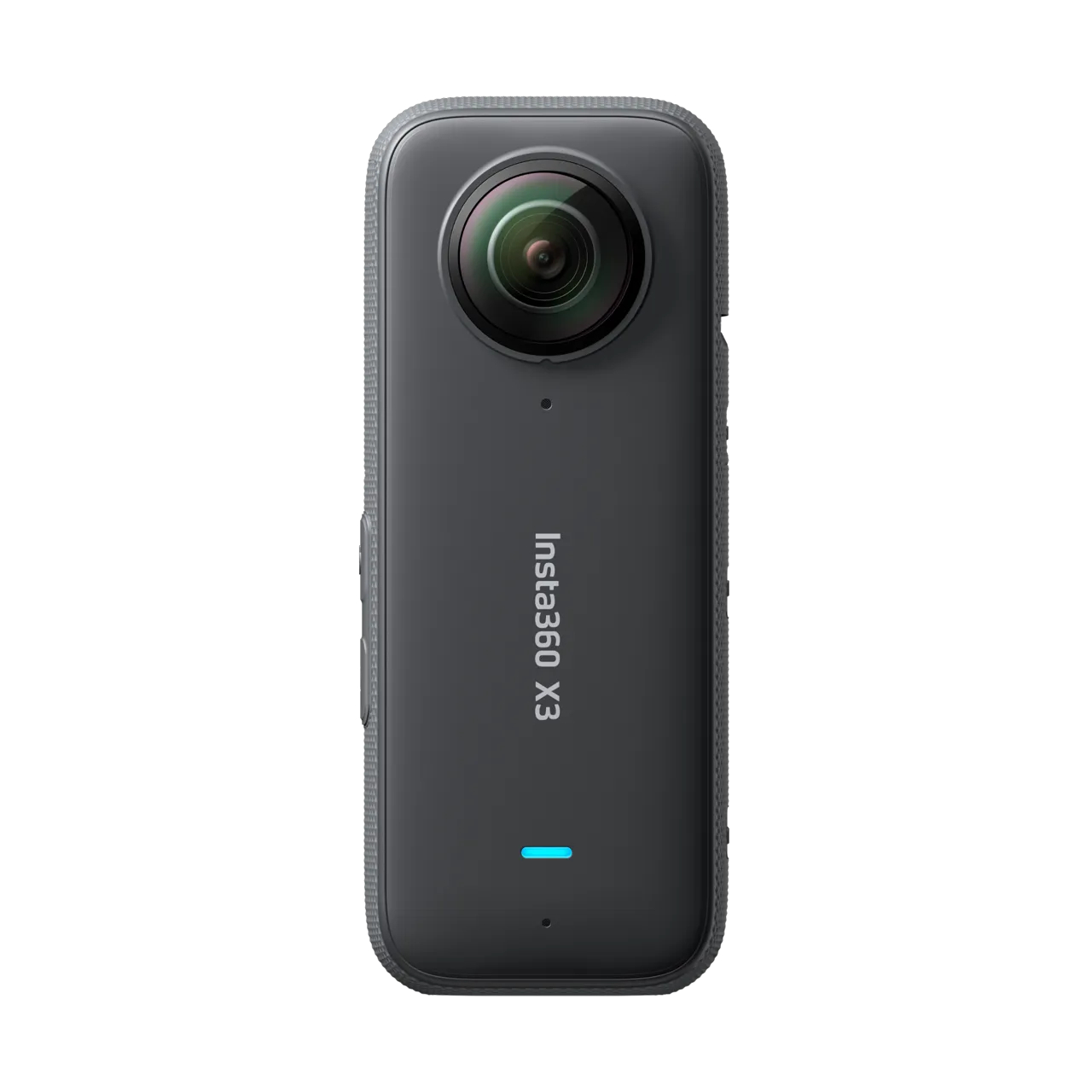 Una cámara negra Insta360 X3 con una lente, el texto "Insta360 X3" y una luz indicadora azul. El fondo es blanco.