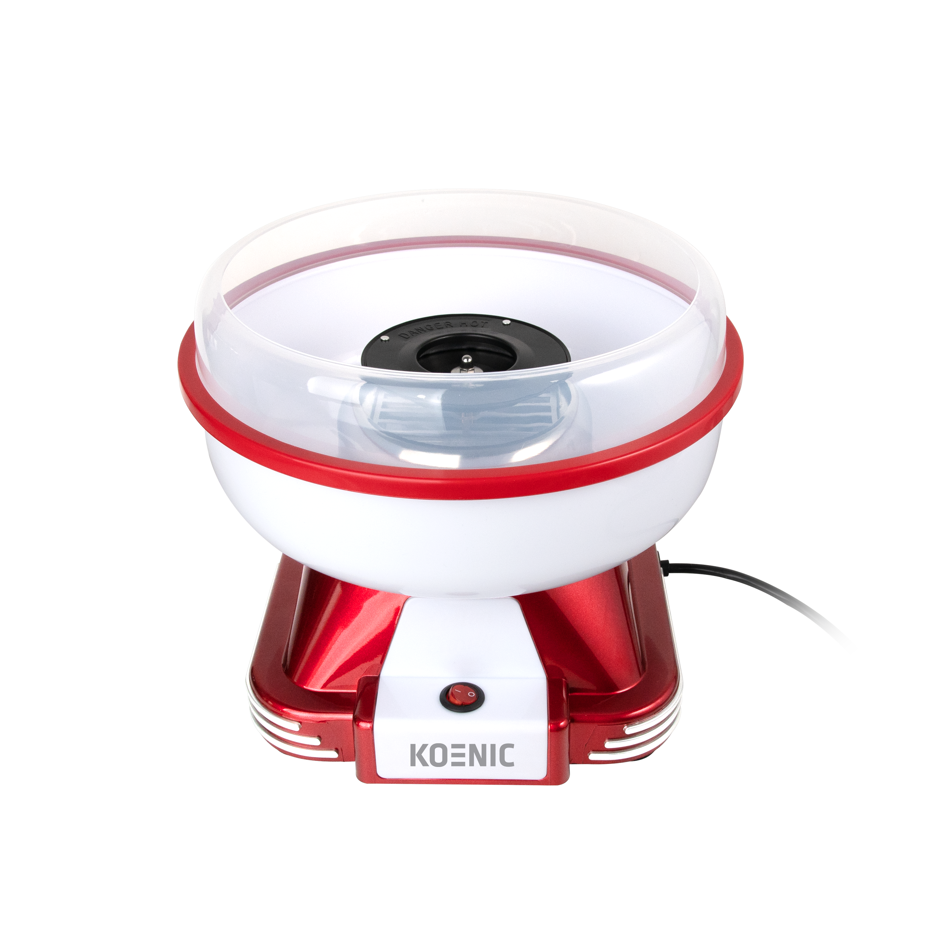 Eine Zuckerwattemaschine. Sie hat rote und weiße Farben. Es ist auf schwarzem Hintergrund.